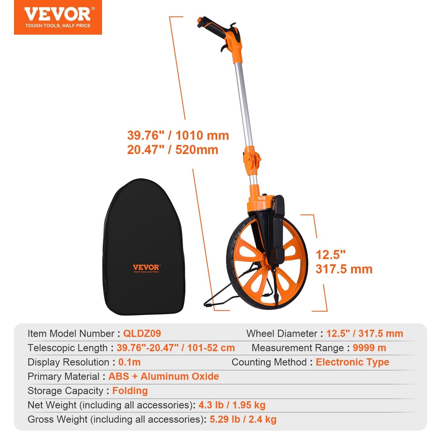 Telescoping Handle Measuring Wheel with Handbrake, 12.5 in Diameter, 1.95 kg
