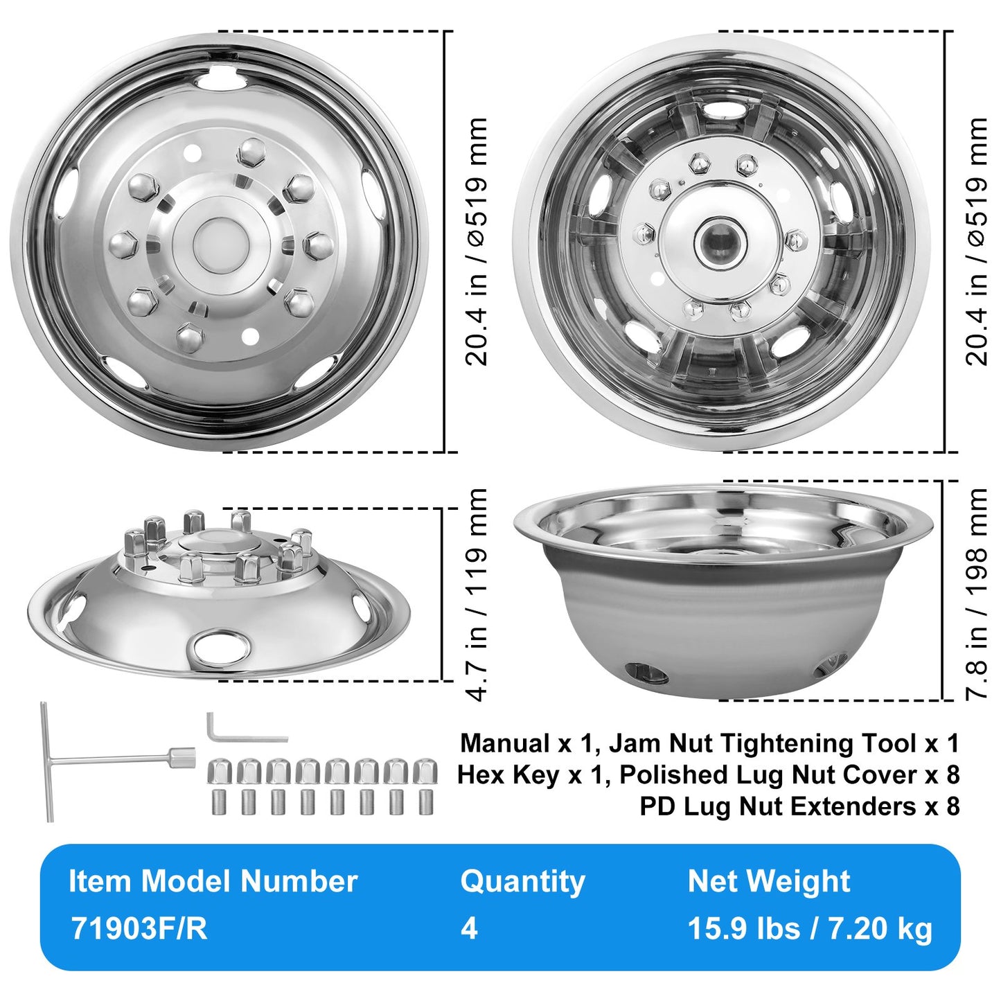 VEVOR 50cm 8 Lug Wheel Simulators, 304 Stainless Steel Wheel Simulator Kit with