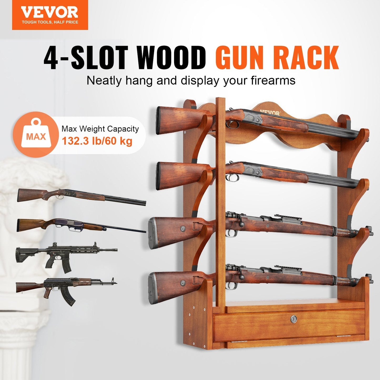 Wall-Mounted Wooden Gun Rack for 4 Rifles, 60 kg Capacity, Light Red