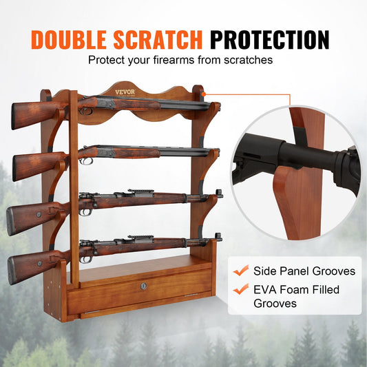 Wall-Mounted Wooden Gun Rack for 4 Rifles, 60 kg Capacity, Light Red