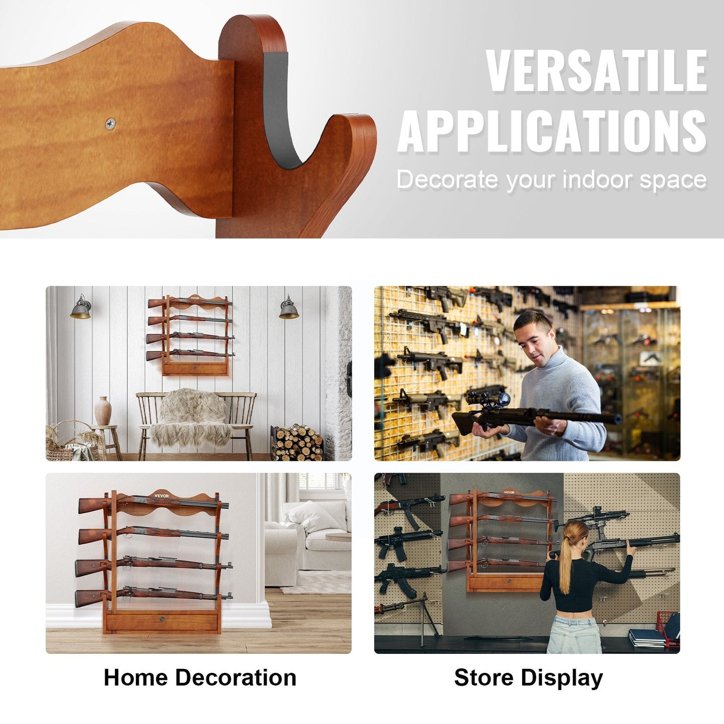 Wall-Mounted Wooden Gun Rack for 4 Rifles, 60 kg Capacity, Light Red