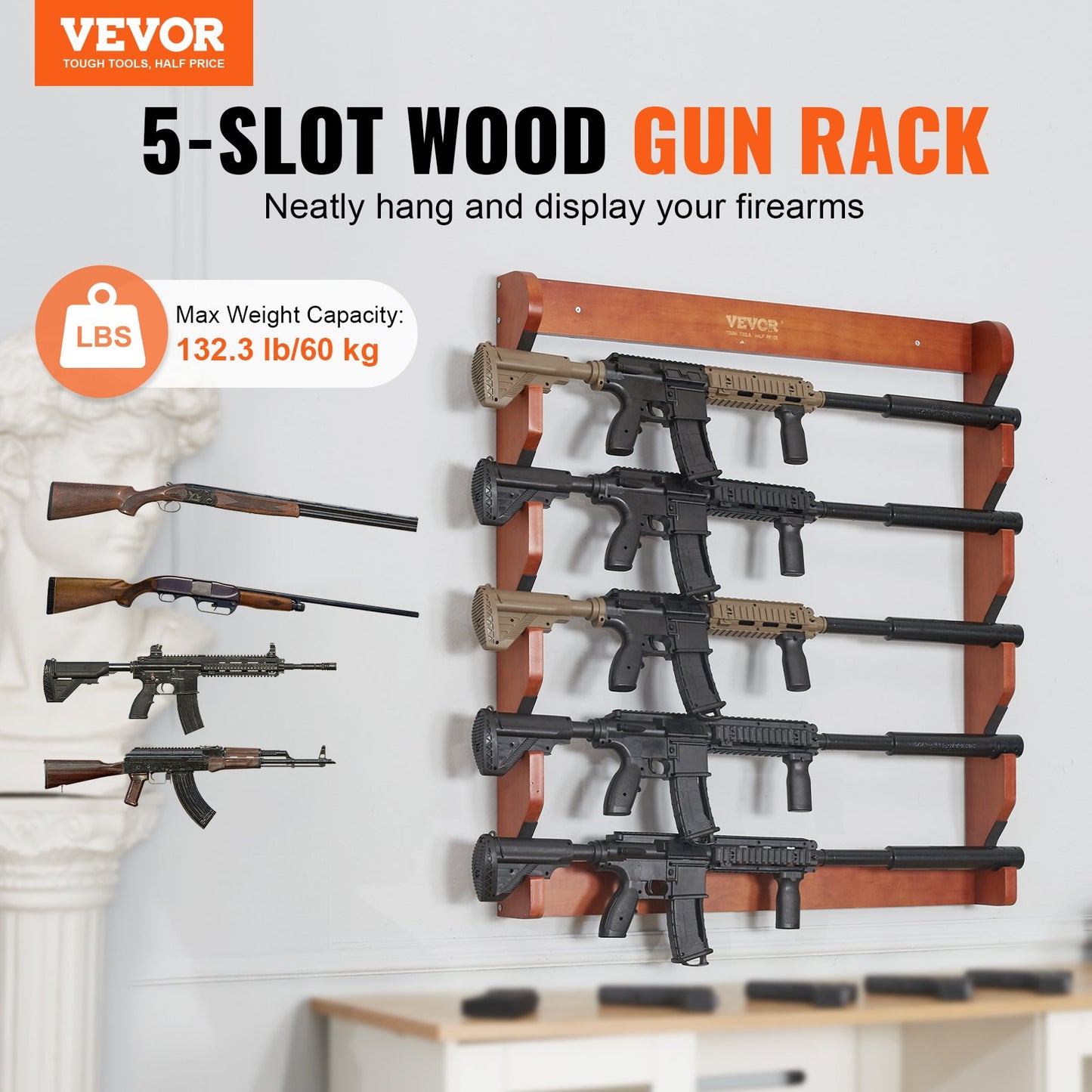 VEVOR Gun Rack, Wood Gun Rack Wall Mount, Gun Display Rack holds 5 Rifles, Shotguns,