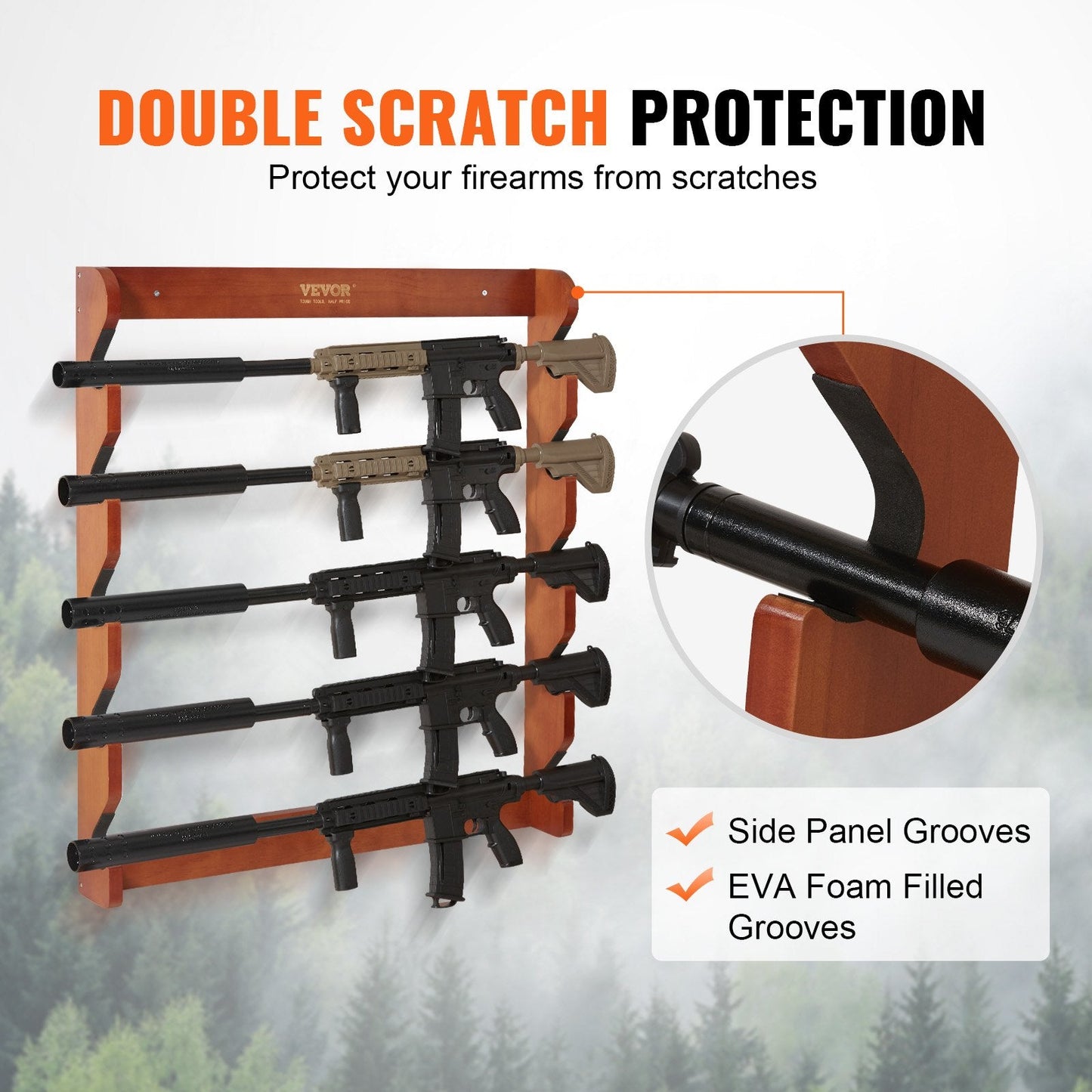 Wooden Wall Mount Gun Rack for 5 Rifles, 60 kg Capacity, Light Red Pine