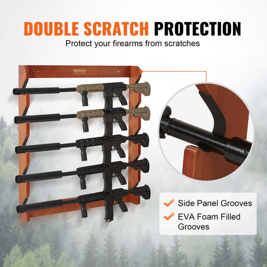 Wooden Wall Mount Gun Rack for 5 Rifles, 60 kg Capacity, Light Red Pine