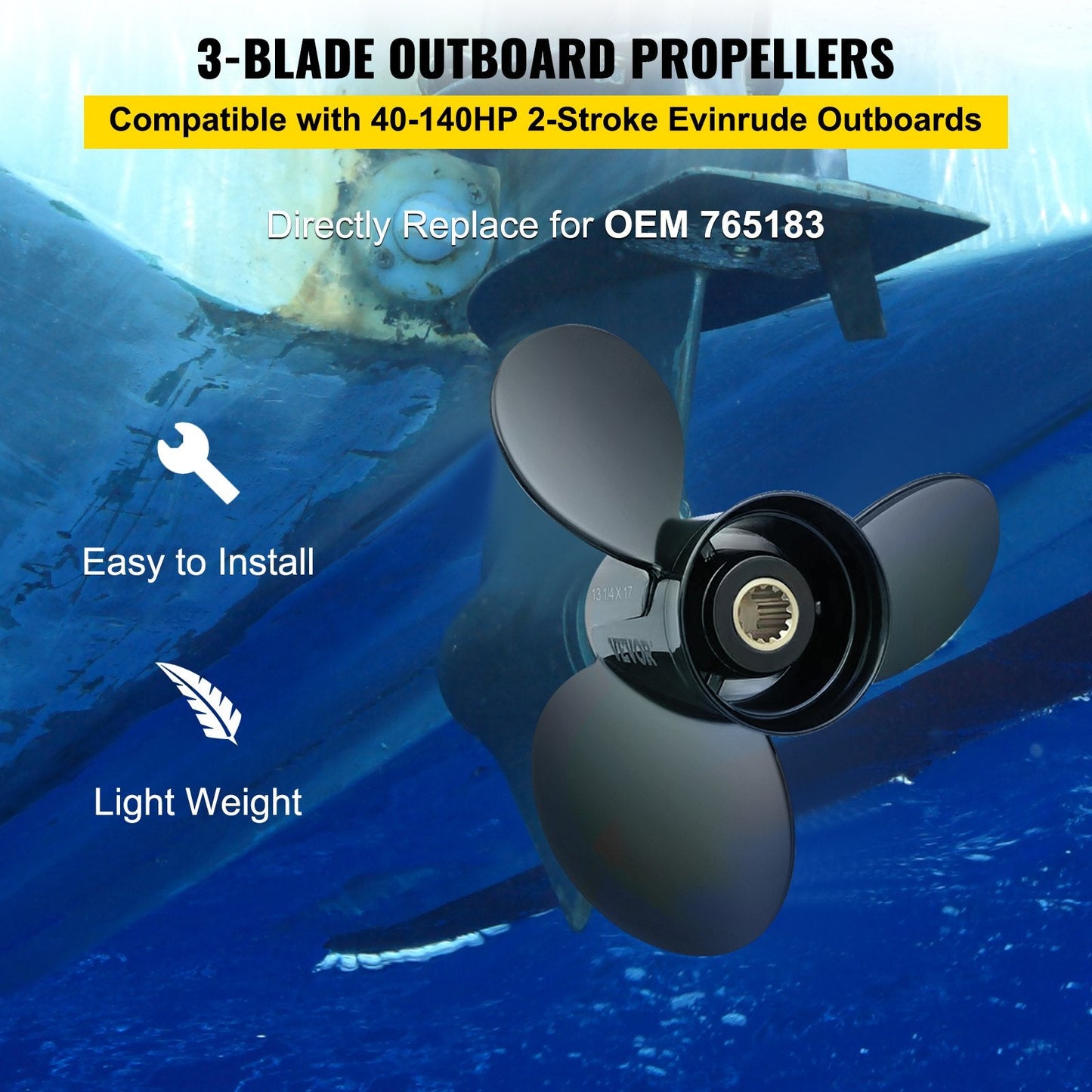 Aluminum Outboard Propeller for 40-140HP Evinrude, 3 Blades, 33.7cm x 43.2cm Pitch
