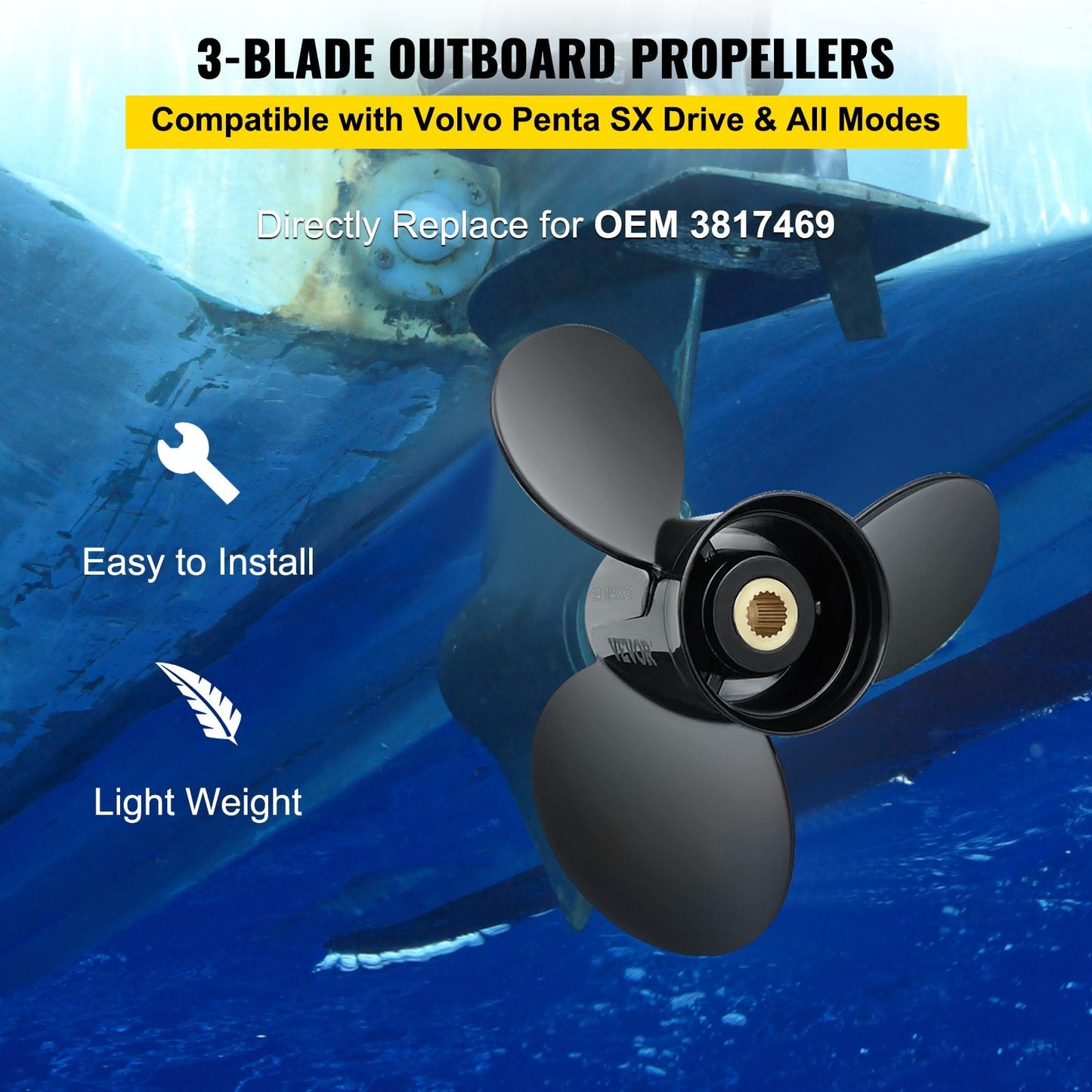 Aluminum 3-Blade Outboard Propeller, 36.2 cm x 53.3 cm, for Volvo Penta SX