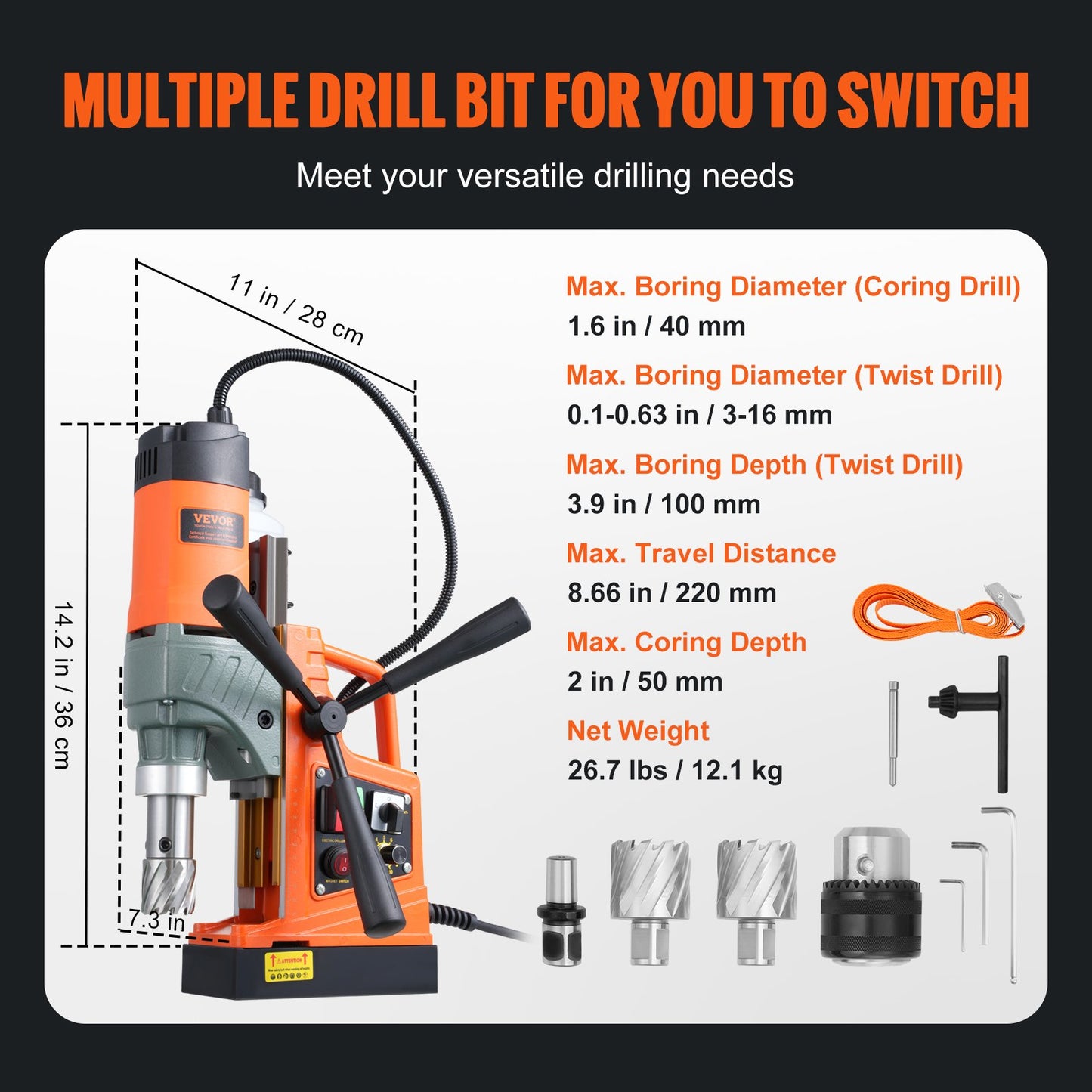 VEVOR Magnetic Drill, 1450W 1.57" Boring Diameter, 12500N 800 RPM Portable Electric