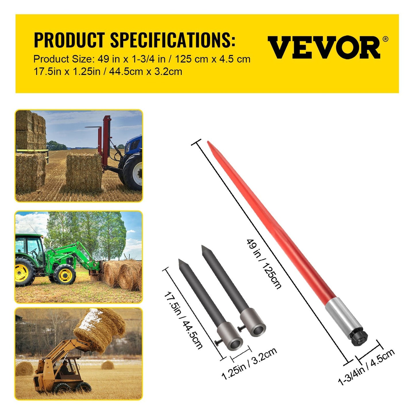 Heavy-Duty 1.25m Hay Spear with 1360kg Capacity and Quick Attach System