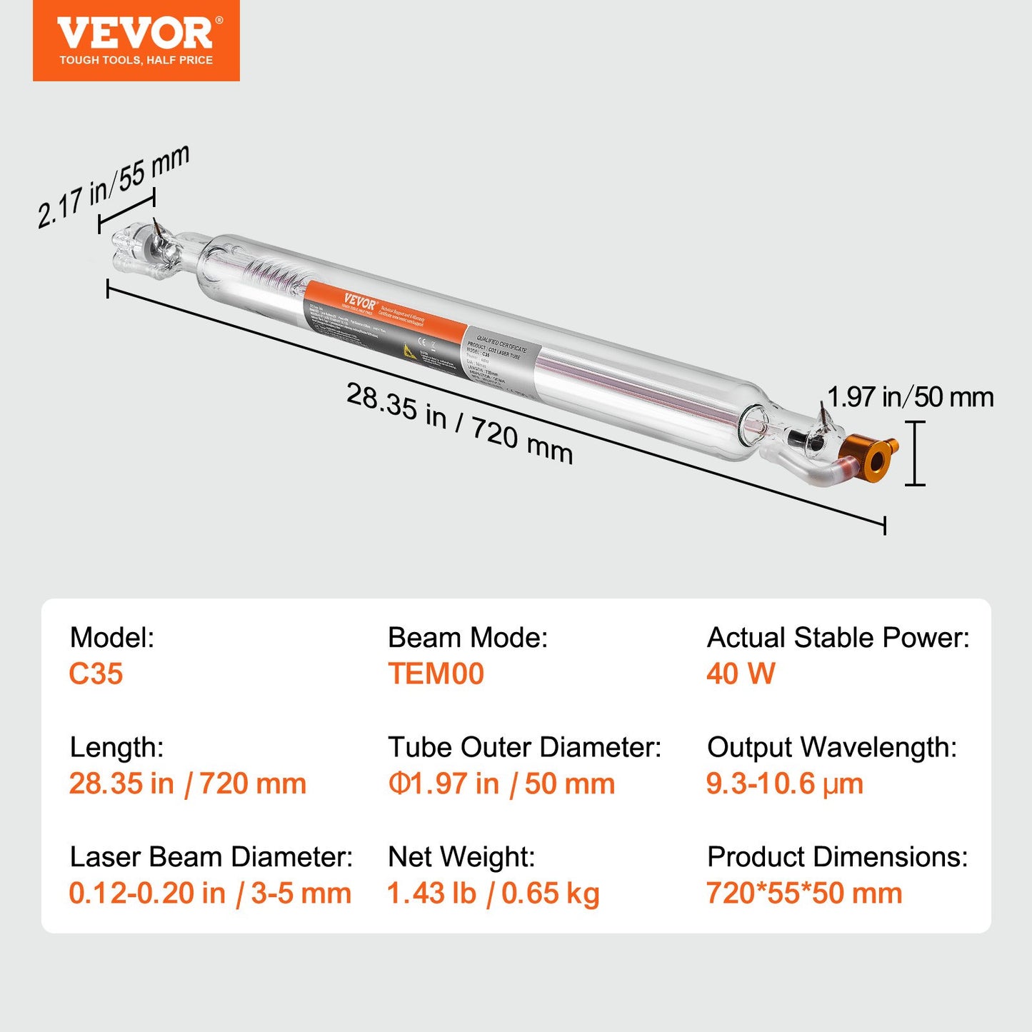 VEVOR Laser Tube, 40W CO2 Laser Tube for Laser Engraver and Cutter Machine, 720