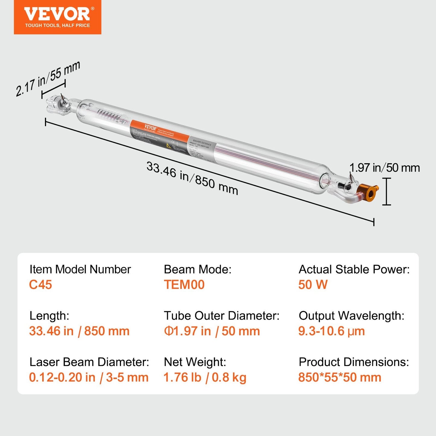50W CO2 Laser Tube for Engraving and Cutting, 0.85m Length, 0.8kg Weight