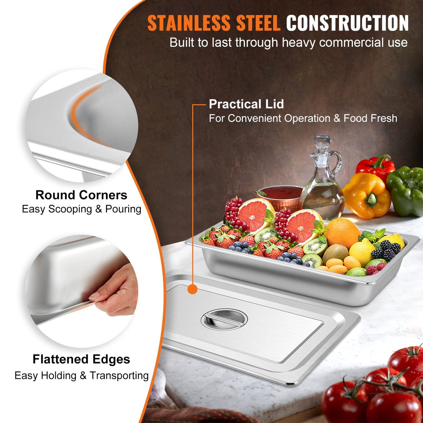 4-Pack Full-Size Stainless Steel Hotel Pans with Lids, 53.7 x 33 x 9.5 cm