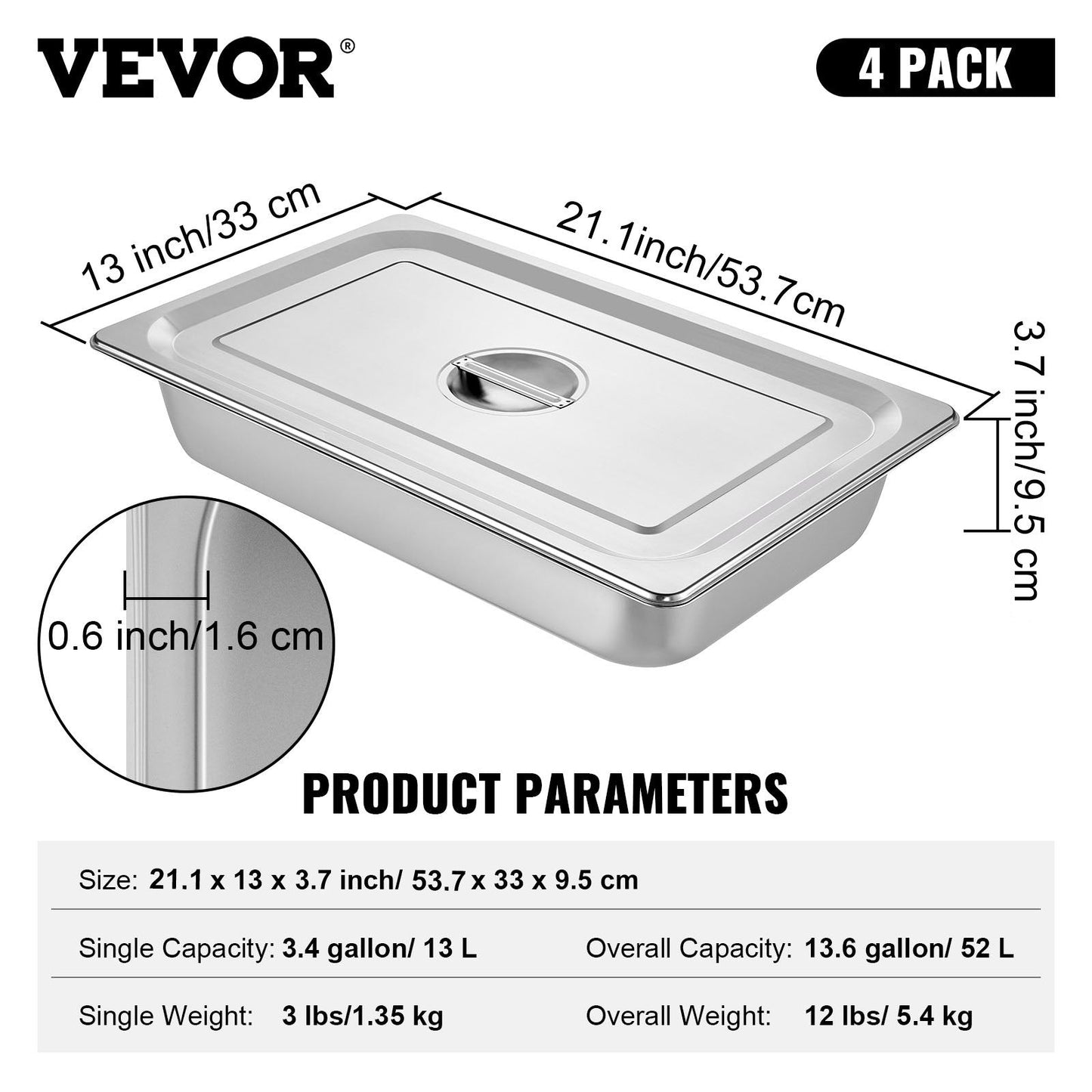 4-Pack Full-Size Stainless Steel Hotel Pans with Lids, 53.7 x 33 x 9.5 cm