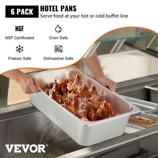 VEVOR Hotel Pan Full Size 6-Inch, Steam Table Pan 6 Pack, 22 Gauge/0.8mm Thick Stainless
