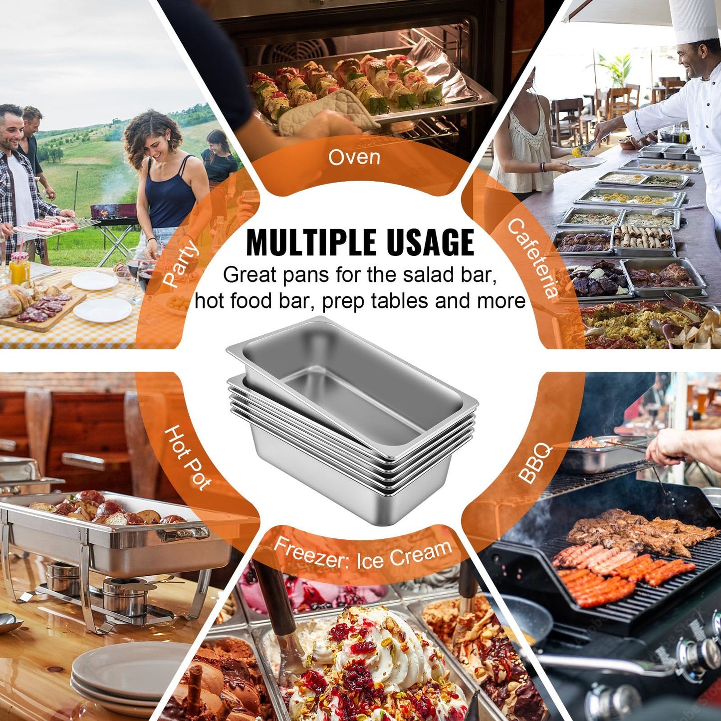 Full Size Steam Table Pans, 0.8mm Thick Stainless Steel, 6-Pack, 117L Capacity