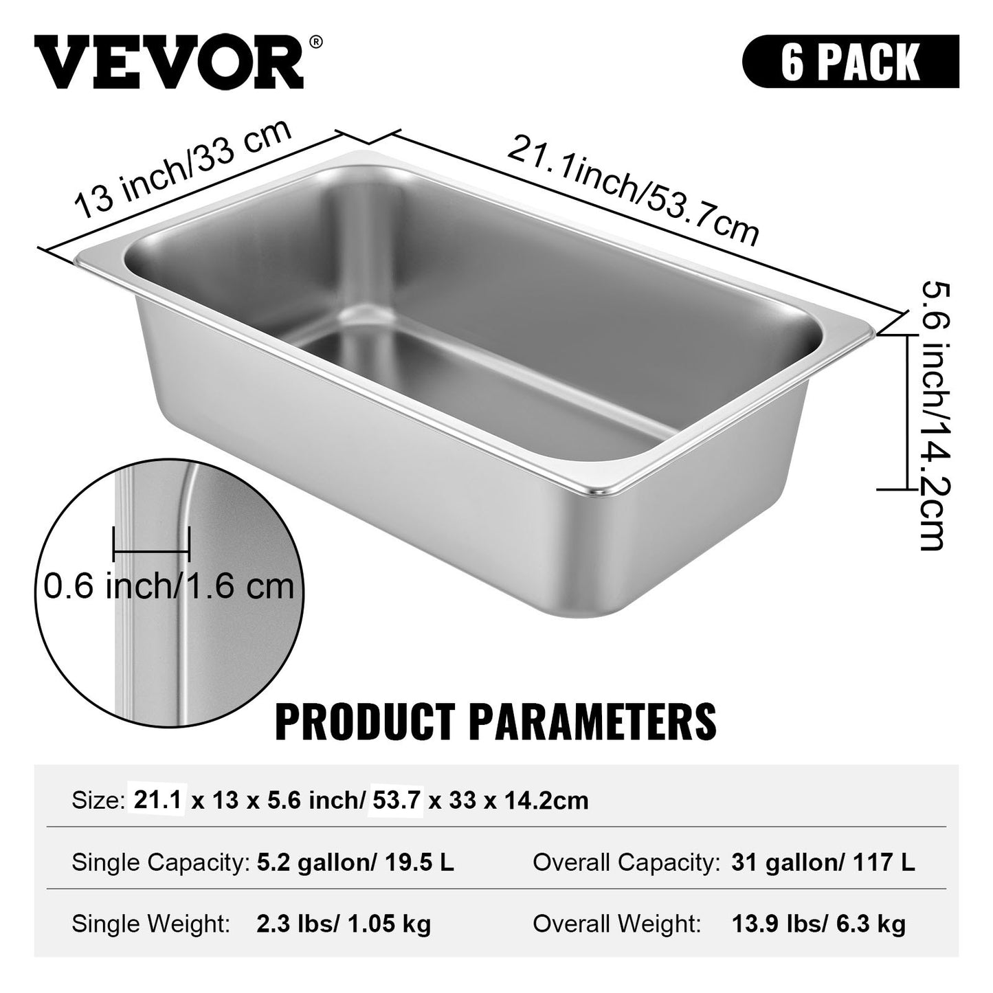 VEVOR Hotel Pan Full Size 6-Inch, Steam Table Pan 6 Pack, 22 Gauge/0.8mm Thick Stainless