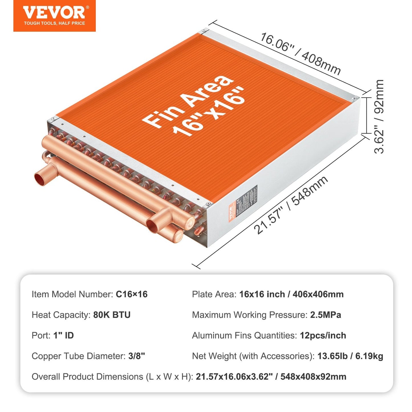 16x16 cm Water-to-Air Heat Exchanger, 3-Row Copper, 193 Fins, High Efficiency