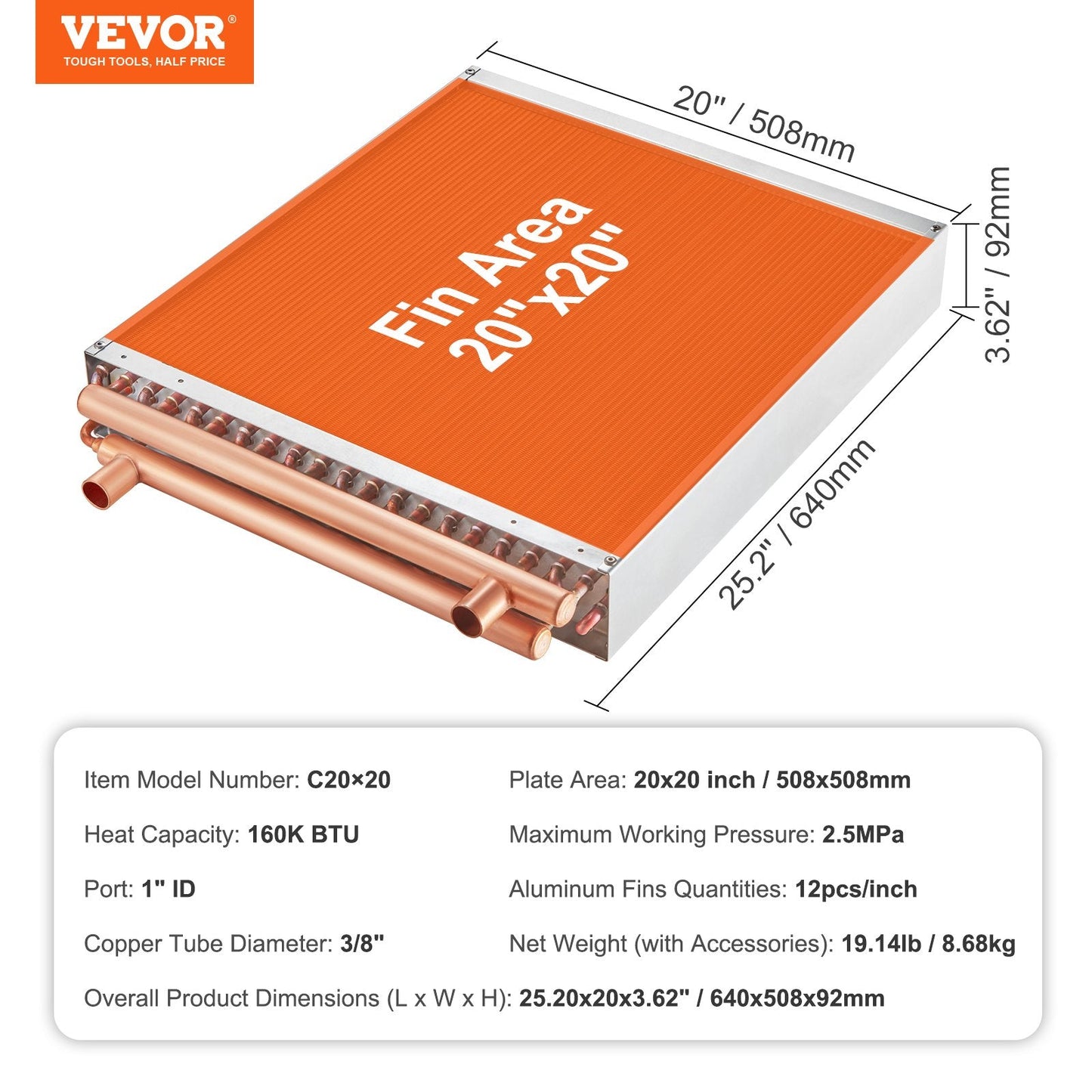 High-Efficiency 50.8 x 50.8 cm Water to Air Heat Exchanger with Copper Ports