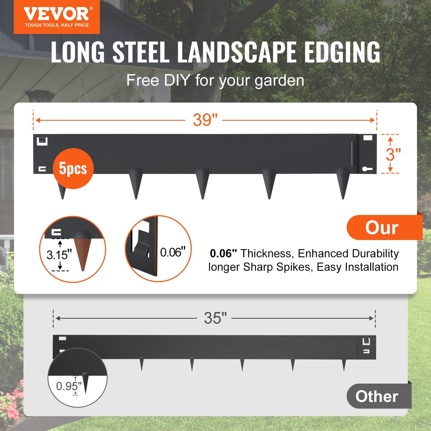 VEVOR Steel Landscape Edging, 5-pack Steel Garden Edging Borders, 39" L x 3" H Strips,