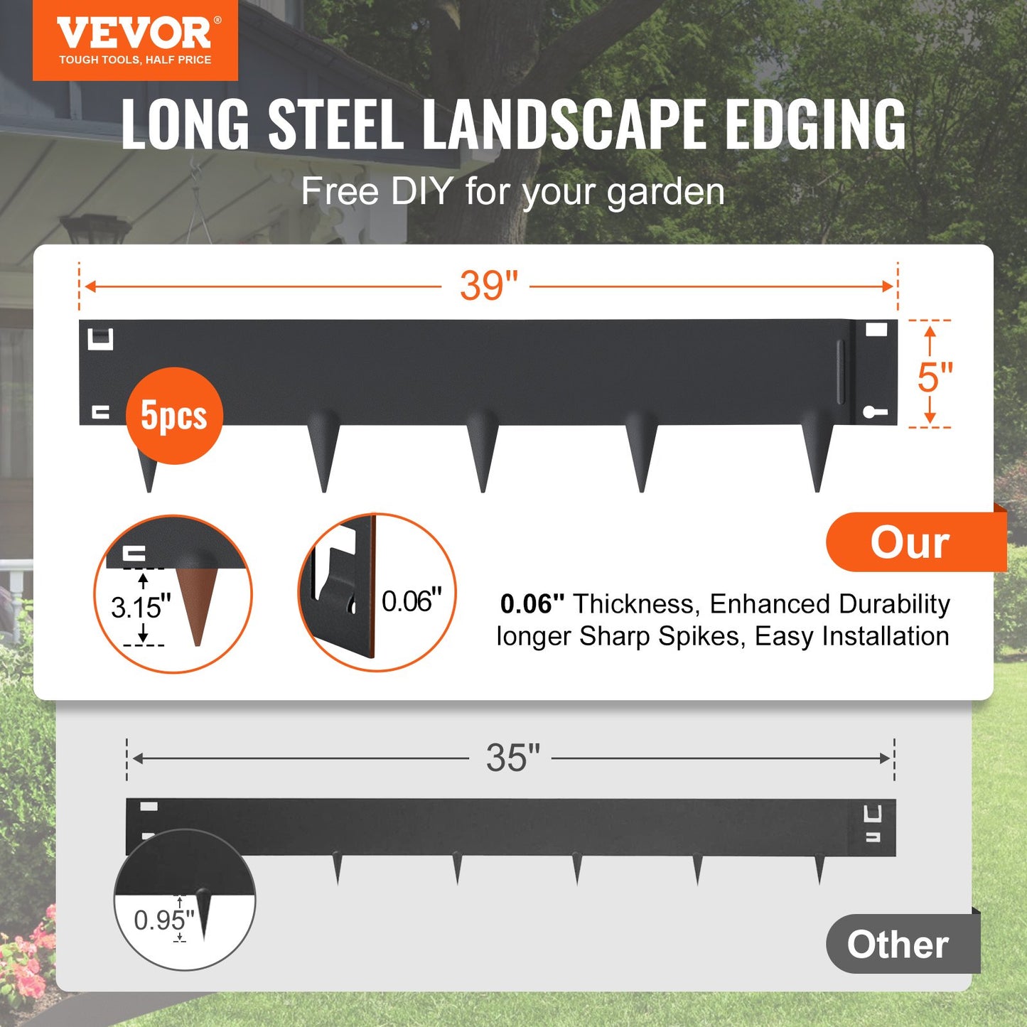 VEVOR Steel Landscape Edging, 5-pack Steel Garden Edging Borders, 39" L x 5" H Strips,