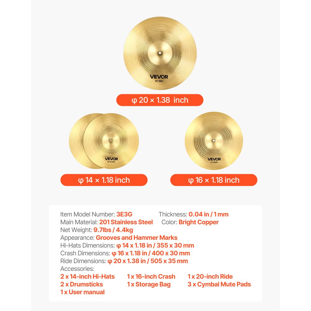 Cymbal Pack 3 Pieces Cymbals Drum Set 35.5 40 50.5 cm Cymbals for Drum