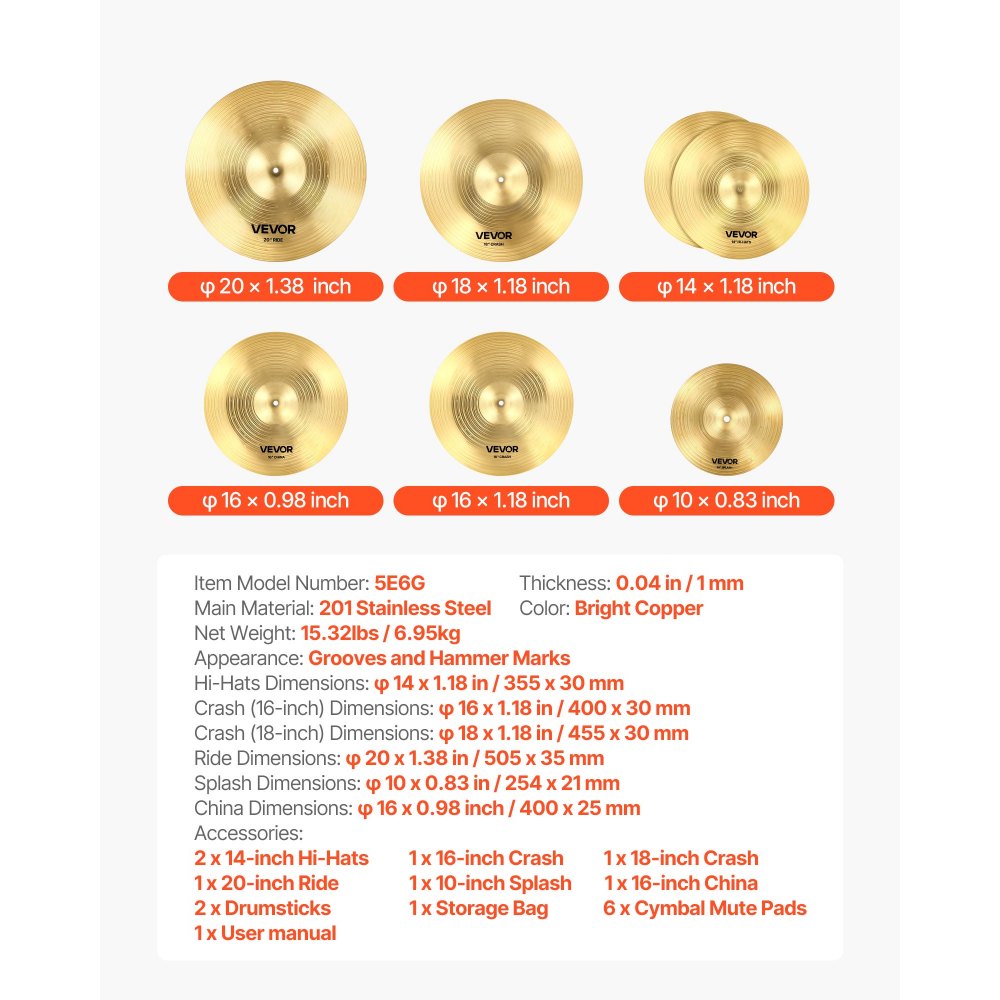 Cymbal Pack 6 Pieces Cymbal Set 25.4 35.5 40 45.5 50.5 cm Cymbals for Drum