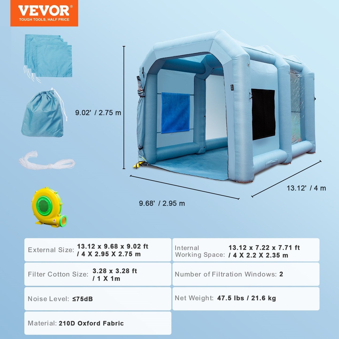 Inflatable Car Paint Tent with Filter System & 950W Blower, 4 x 2.95 x 2.75 m