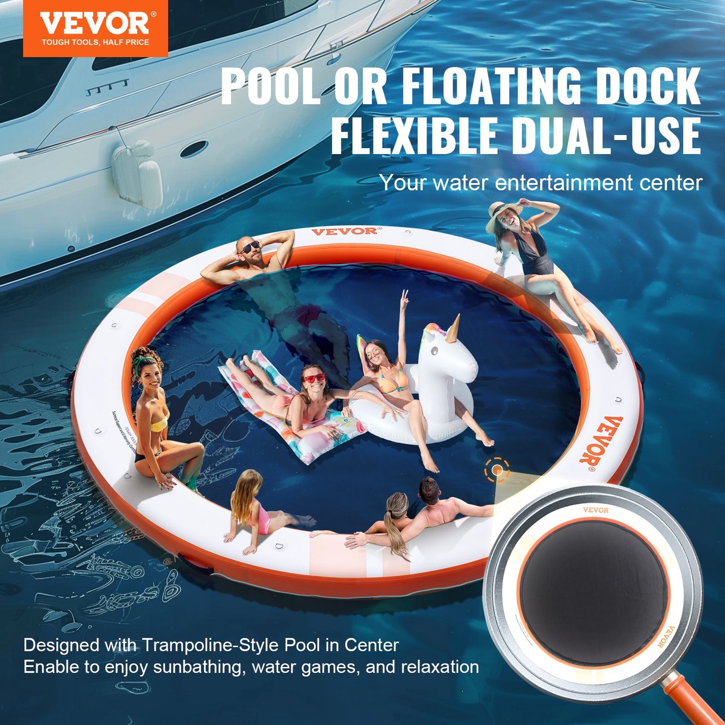 VEVOR Inflatable Floating Dock, ø10FT Inflatable Dock Platform with ø8FT Trampoline