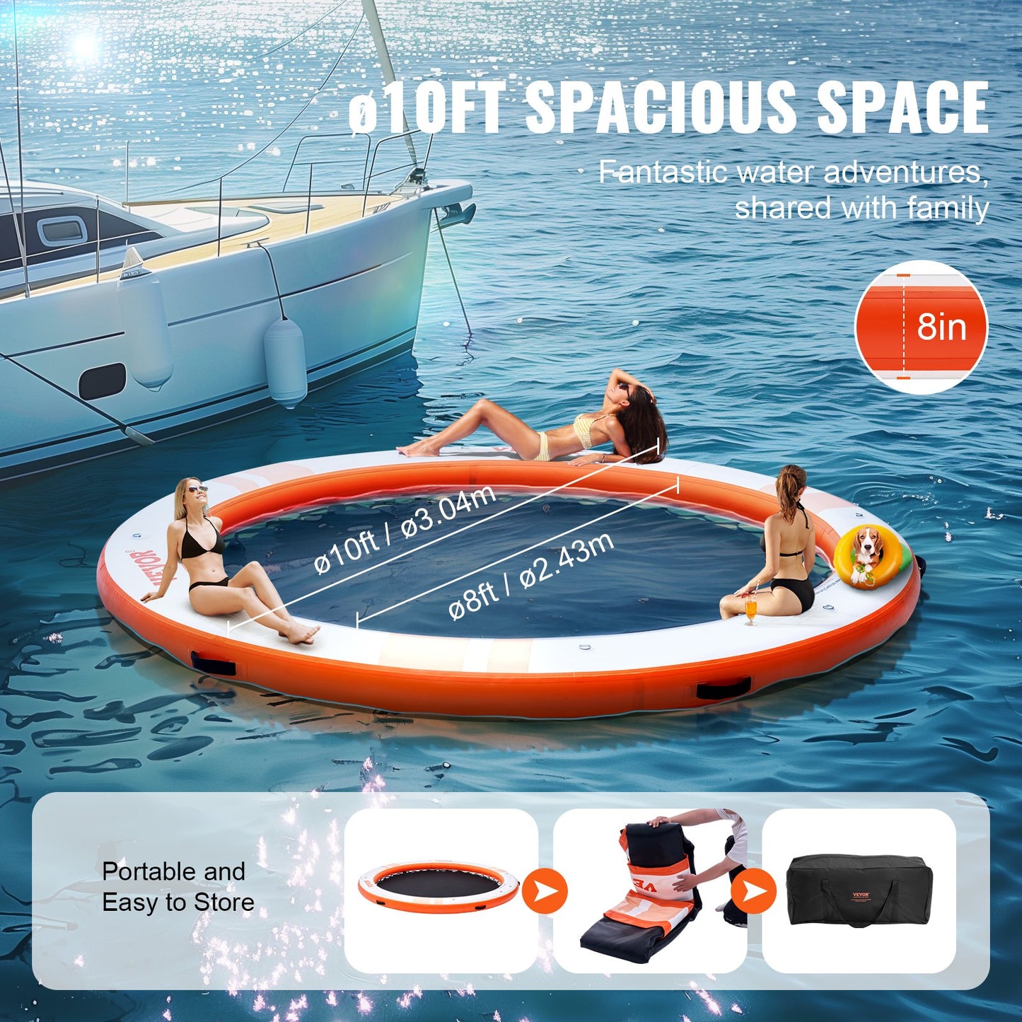 VEVOR Inflatable Floating Dock, ø10FT Inflatable Dock Platform with ø8FT Trampoline