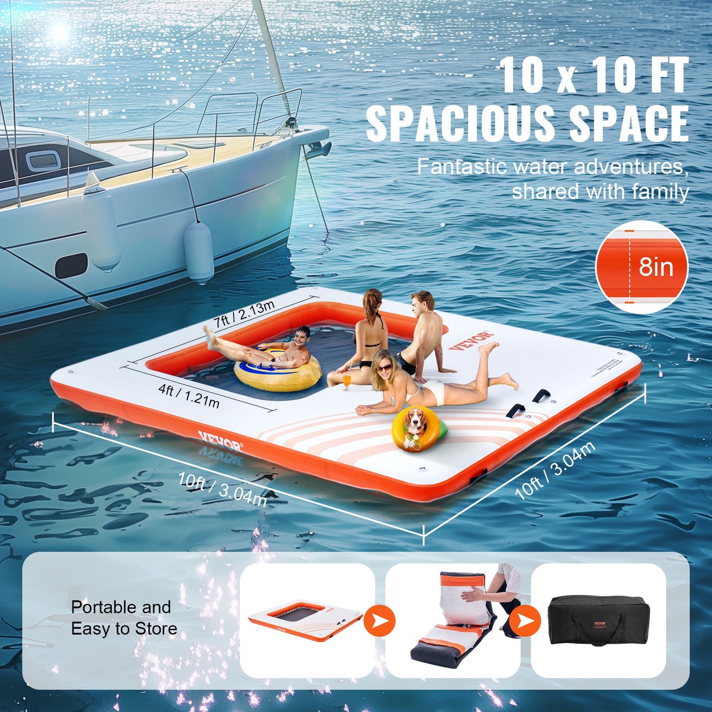 VEVOR Inflatable Floating Dock, 10x10FT Inflatable Dock Platform with 4*7FT Trampoline