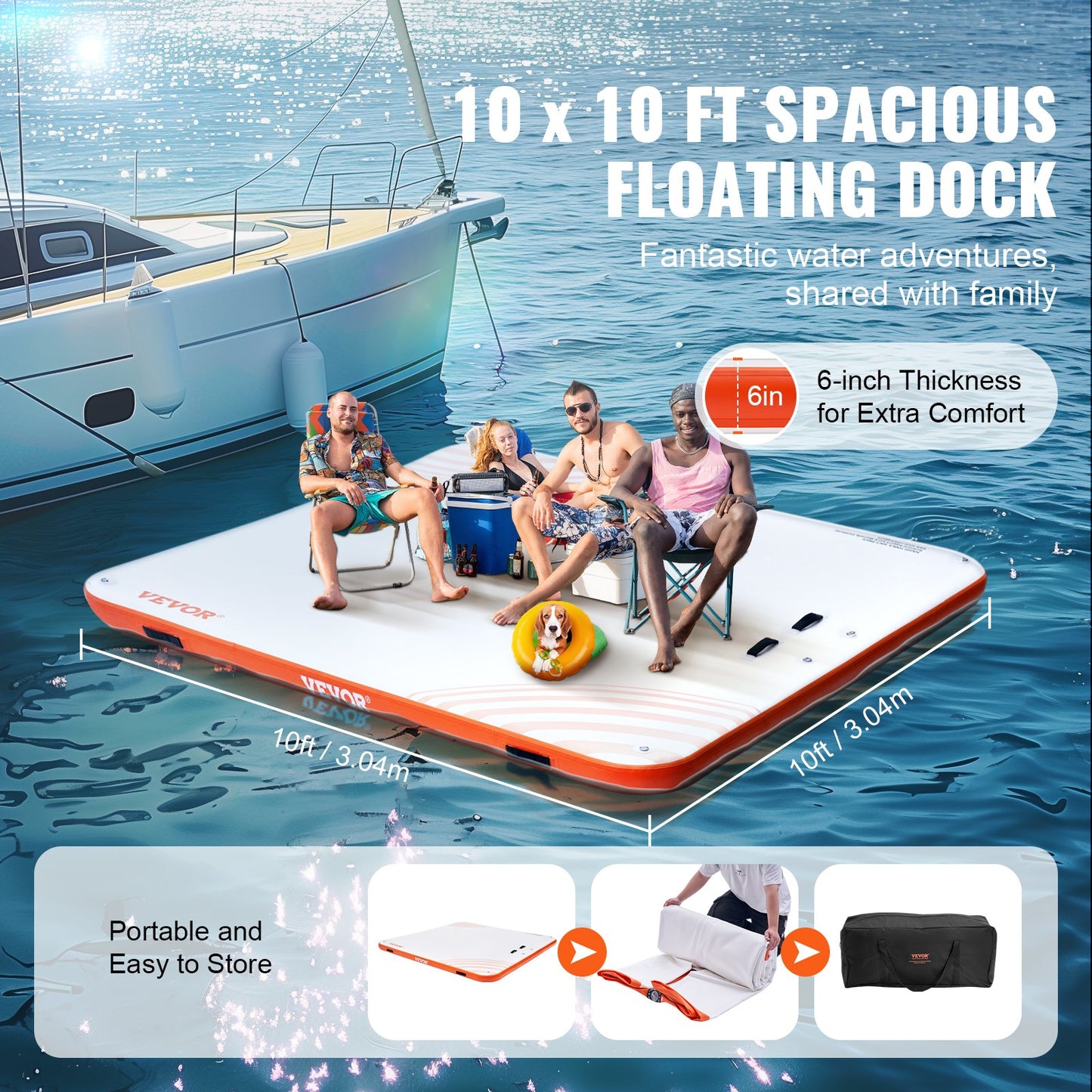 VEVOR Inflatable Floating Dock, 10 x 10FT Inflatable Dock Platform, Non-Slip Water