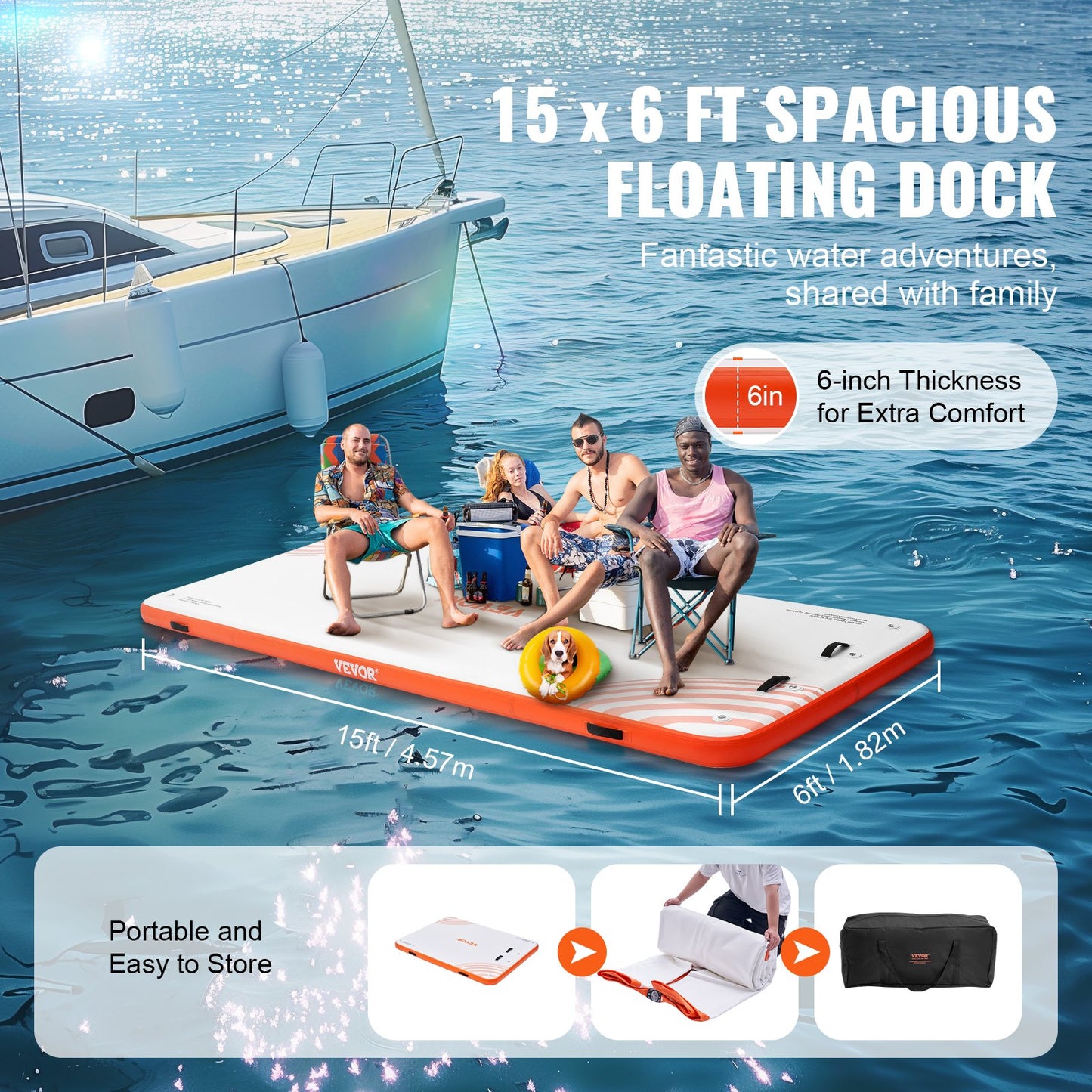 VEVOR Inflatable Floating Dock, 15 x 6FT Inflatable Dock Platform, Non-Slip Water
