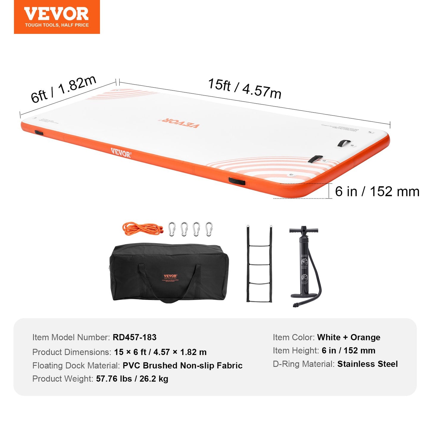 VEVOR Inflatable Floating Dock, 15 x 6FT Inflatable Dock Platform, Non-Slip Water