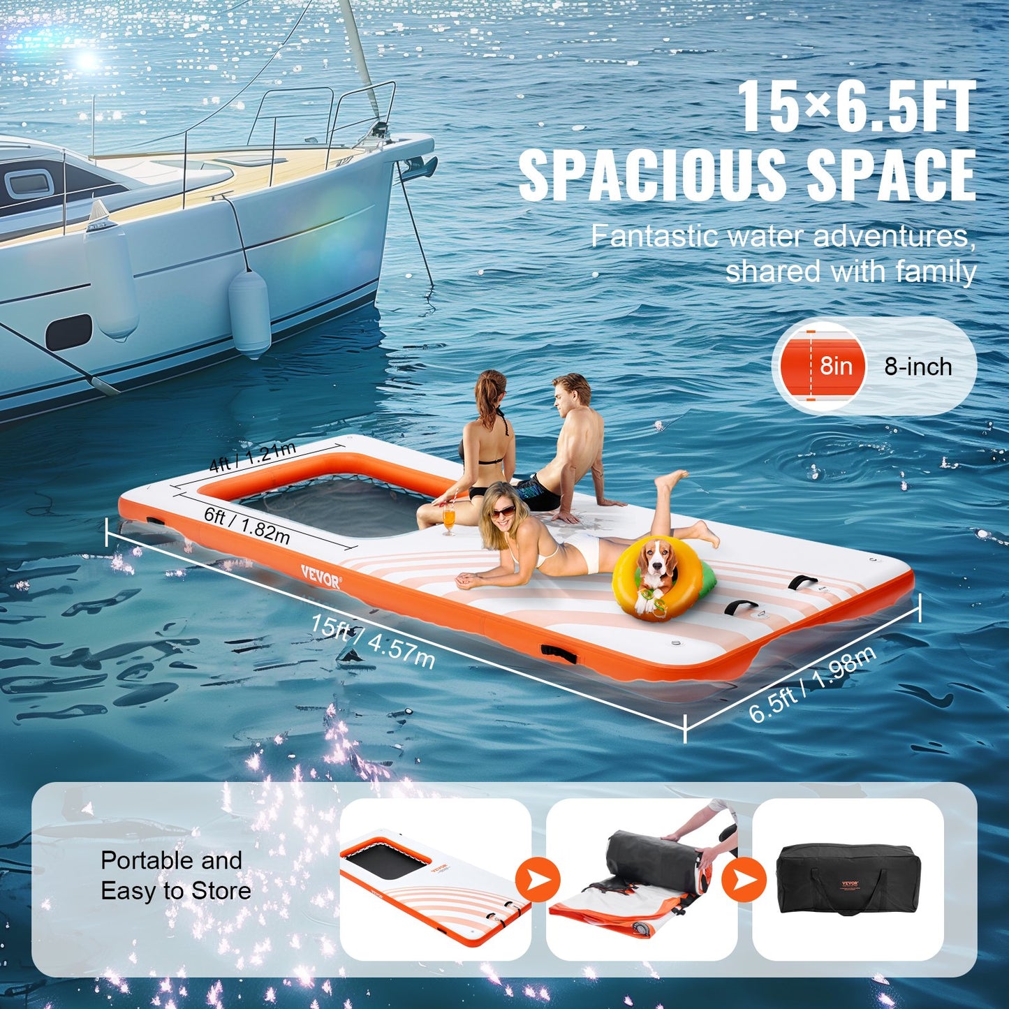 VEVOR Inflatable Floating Dock, 15x6.5FT Inflatable Dock Platform with 4*6FT Trampoline