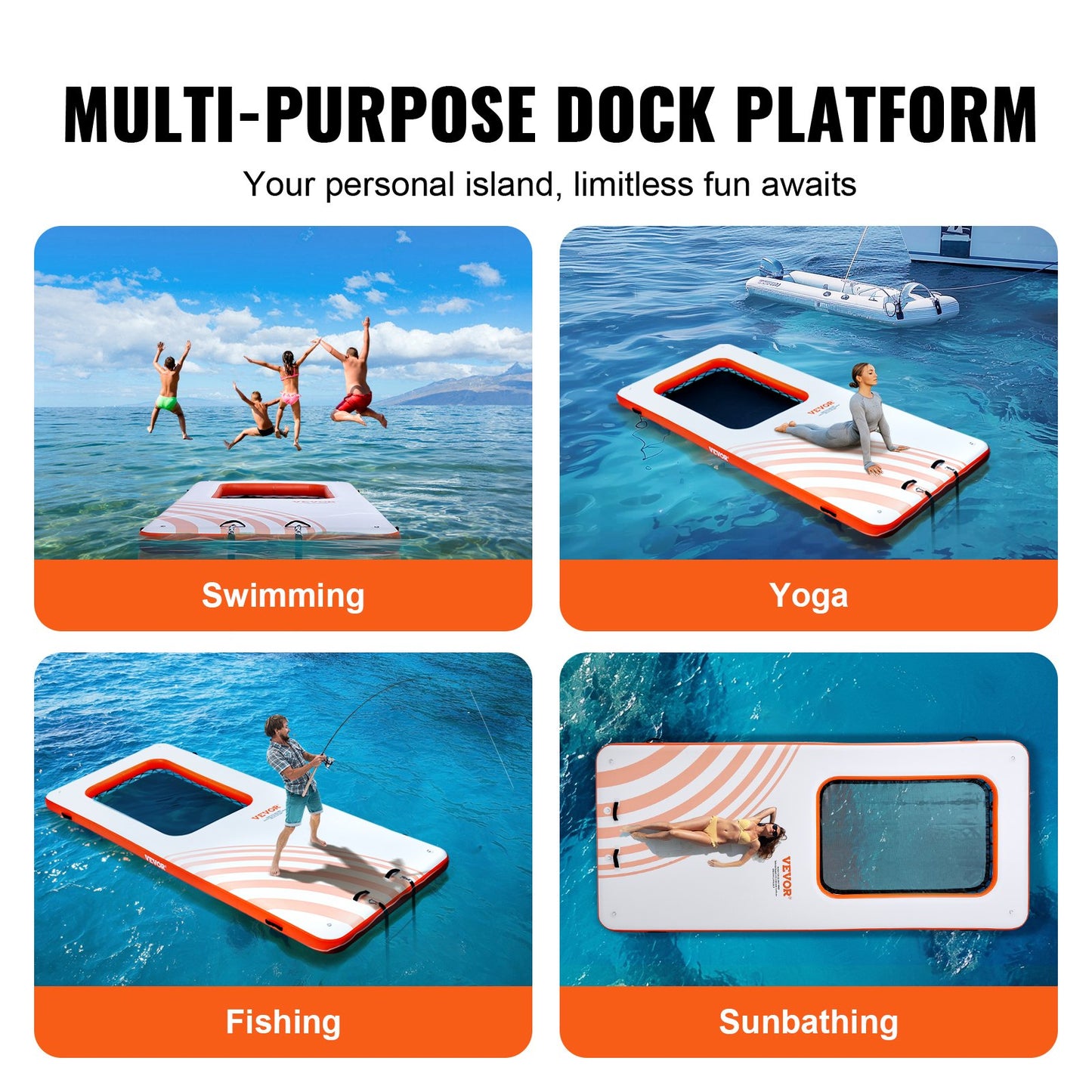 VEVOR Inflatable Floating Dock, 15x6.5FT Inflatable Dock Platform with 4*6FT Trampoline