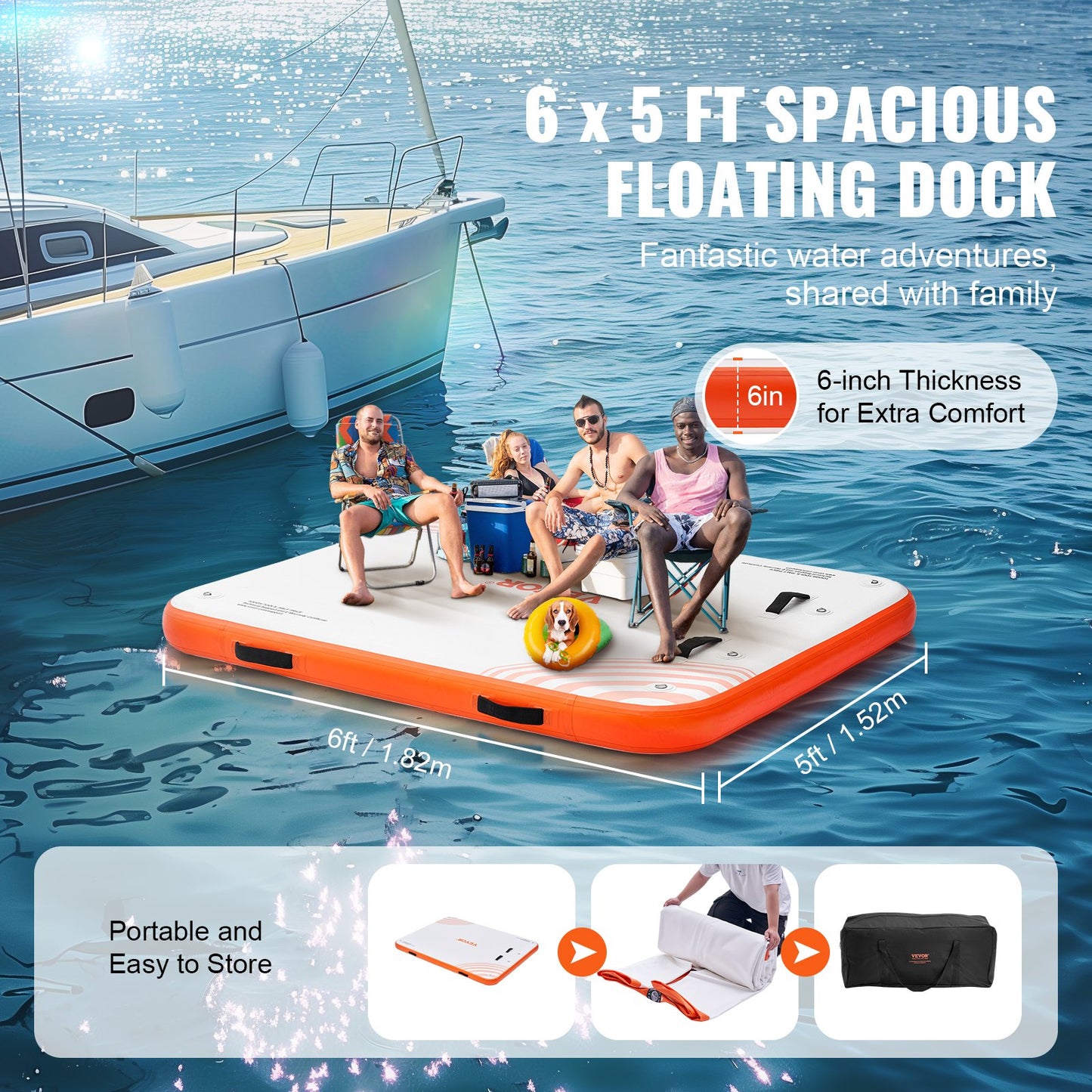 VEVOR Inflatable Floating Dock, 6 x 5FT Inflatable Dock Platform, Non-Slip Water