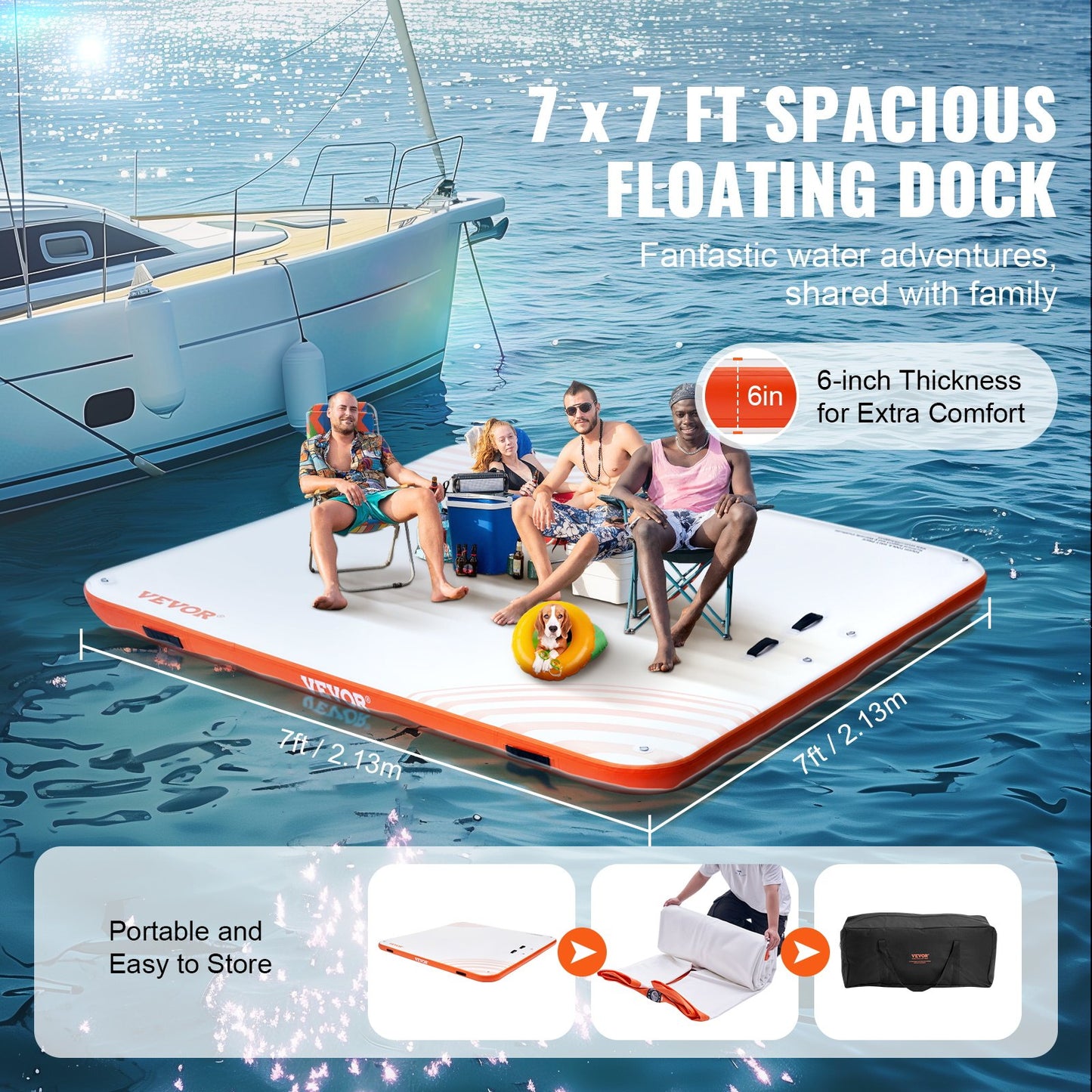 VEVOR Inflatable Floating Dock, 7 x 7FT Inflatable Dock Platform, Non-Slip Water