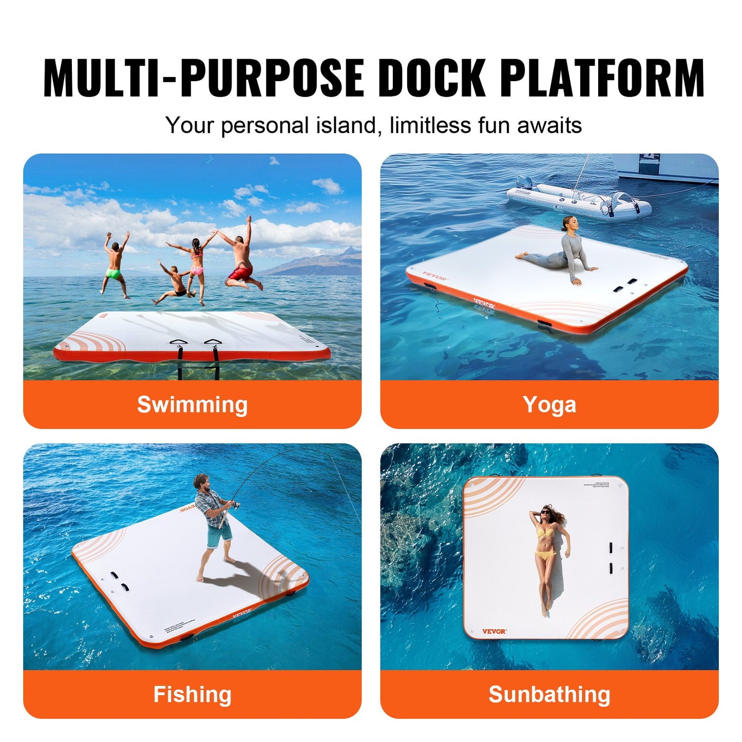 VEVOR Inflatable Floating Dock, 7 x 7FT Inflatable Dock Platform, Non-Slip Water