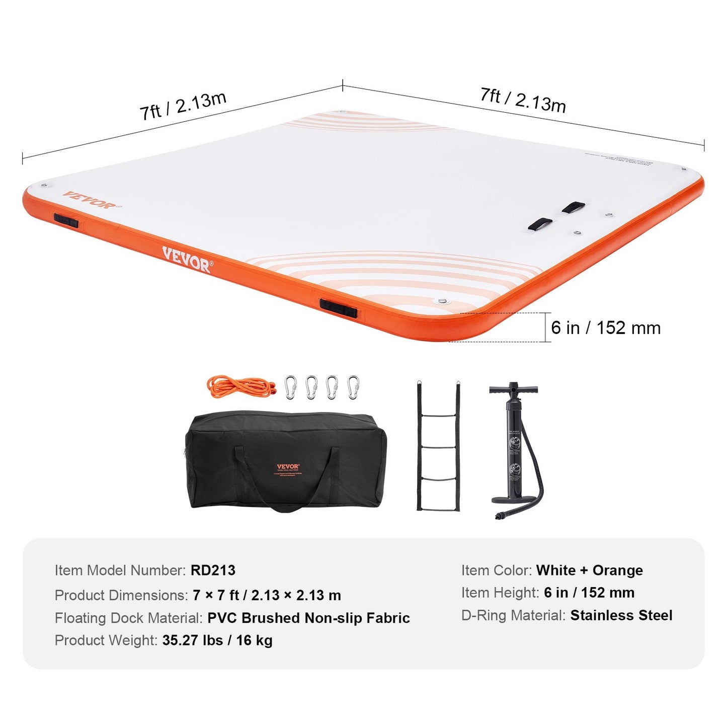 Inflatable Floating Dock Platform with Ladder, 2.13 x 2.13m Non-Slip Raft Mat