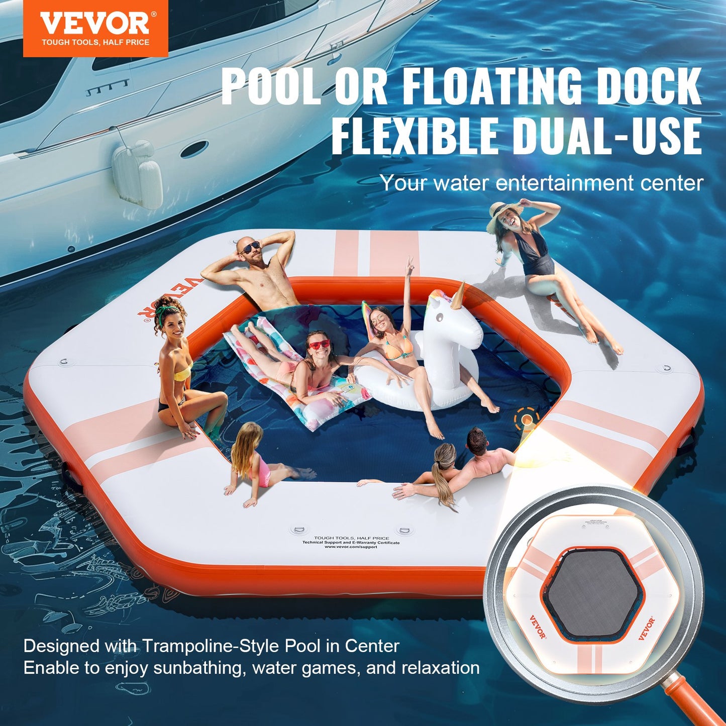VEVOR Inflatable Floating Dock, ø2.59 m Inflatable Dock Platform with ø1.52 m Trampoline