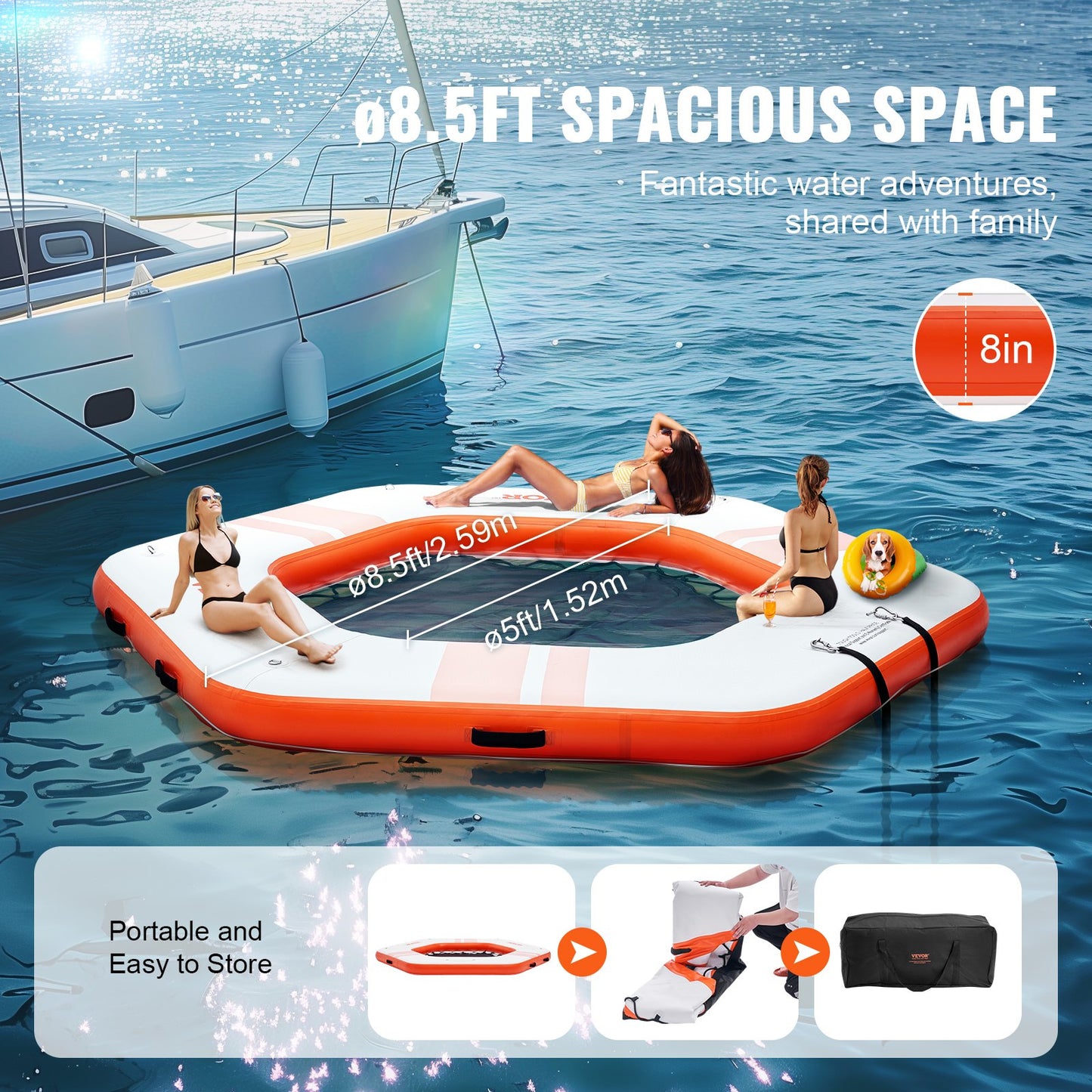 VEVOR Inflatable Floating Dock, ø2.59 m Inflatable Dock Platform with ø1.52 m Trampoline