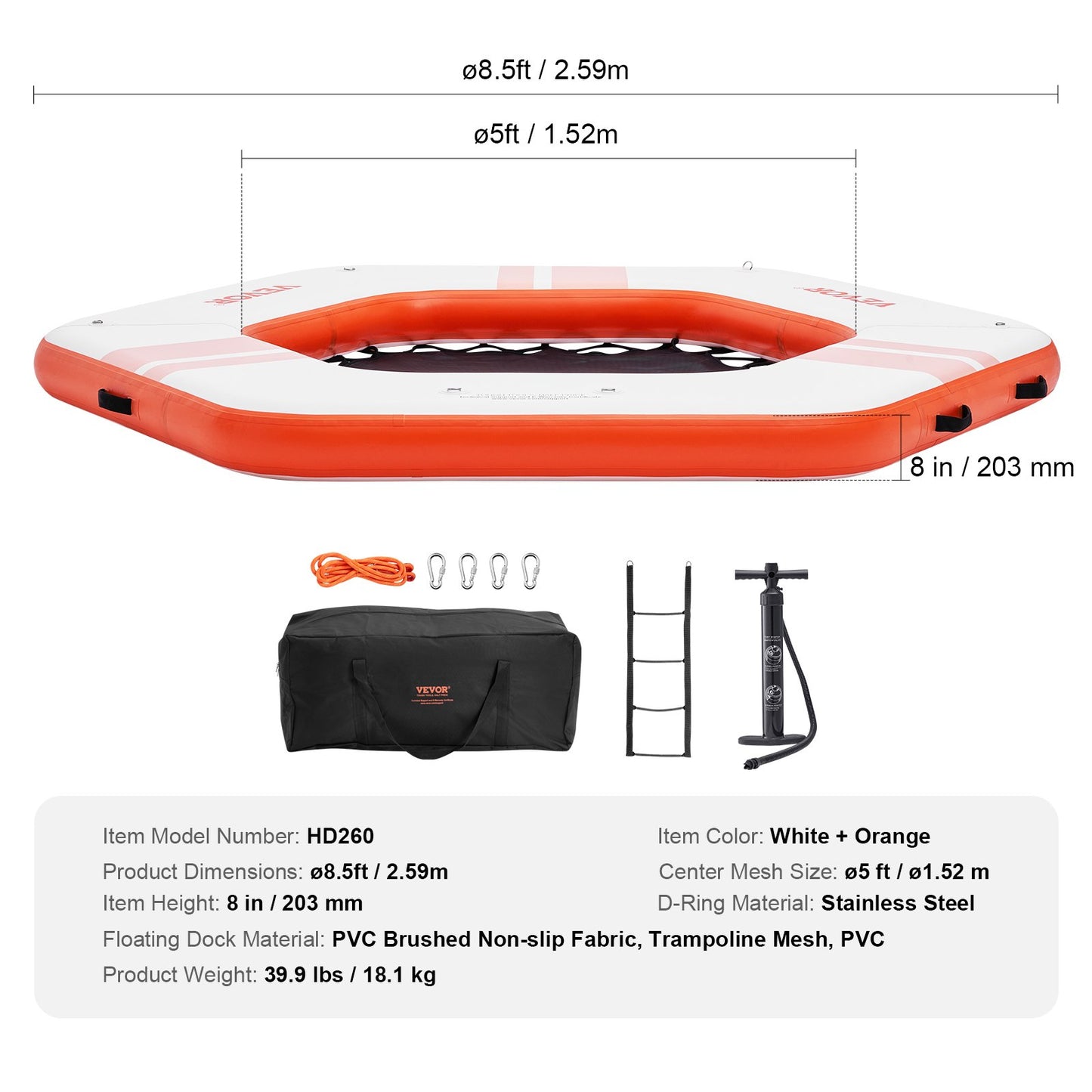 VEVOR Inflatable Floating Dock, ø2.59 m Inflatable Dock Platform with ø1.52 m Trampoline