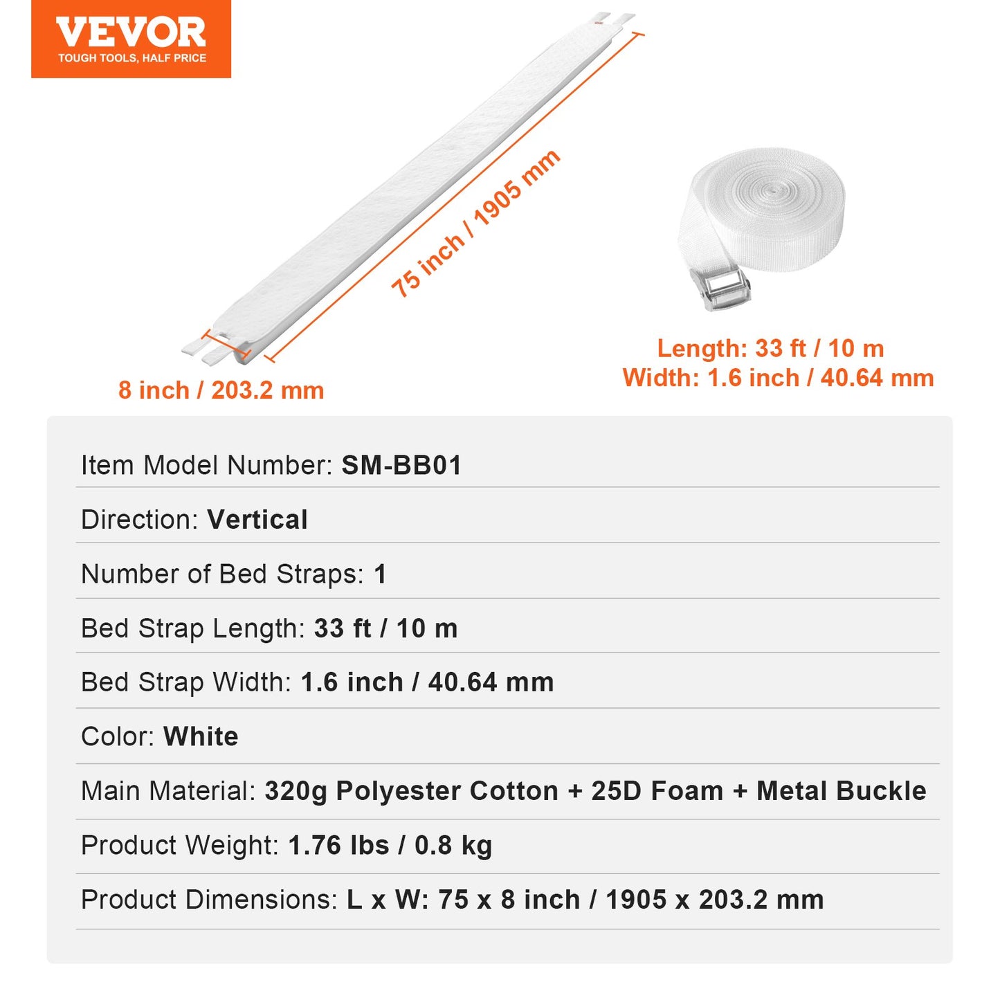 VEVOR Bed Bridge King Bed Converter Kit Metal Buckle & Storage Bag(75"L x 8"W)