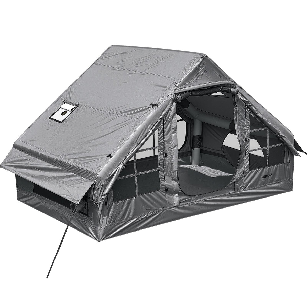 Inflatable Tent for Camping 2-4 Person Blow Up Tent with Pump Gray, for Family Outdoor Glamping, Waterproof 420D Oxford, Easy Setup Air House with Skylight, Stove Jack, Mesh Windows & Carry Bag