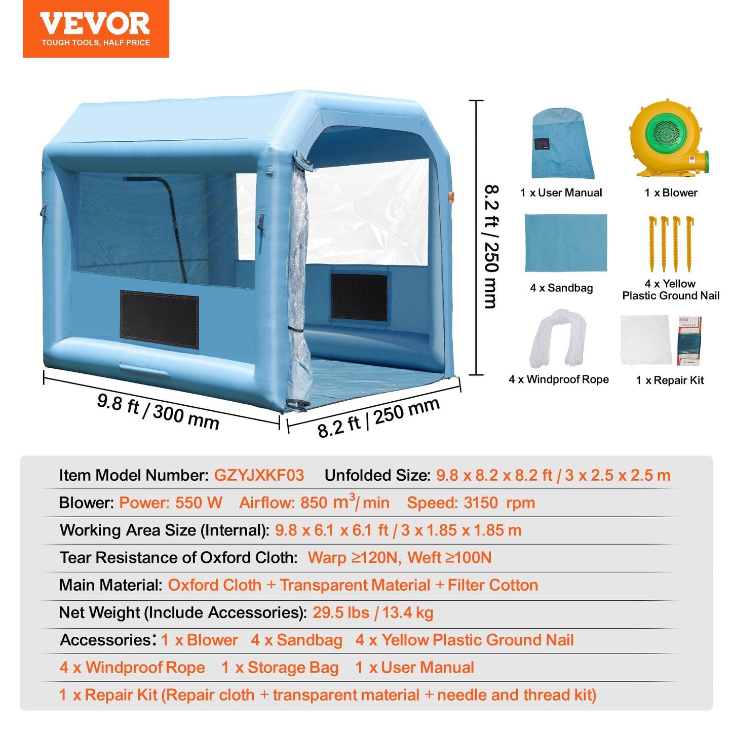 Portable 3x2.5x2.5m Inflatable Paint Booth with 550W Blower and Efficient Filtration