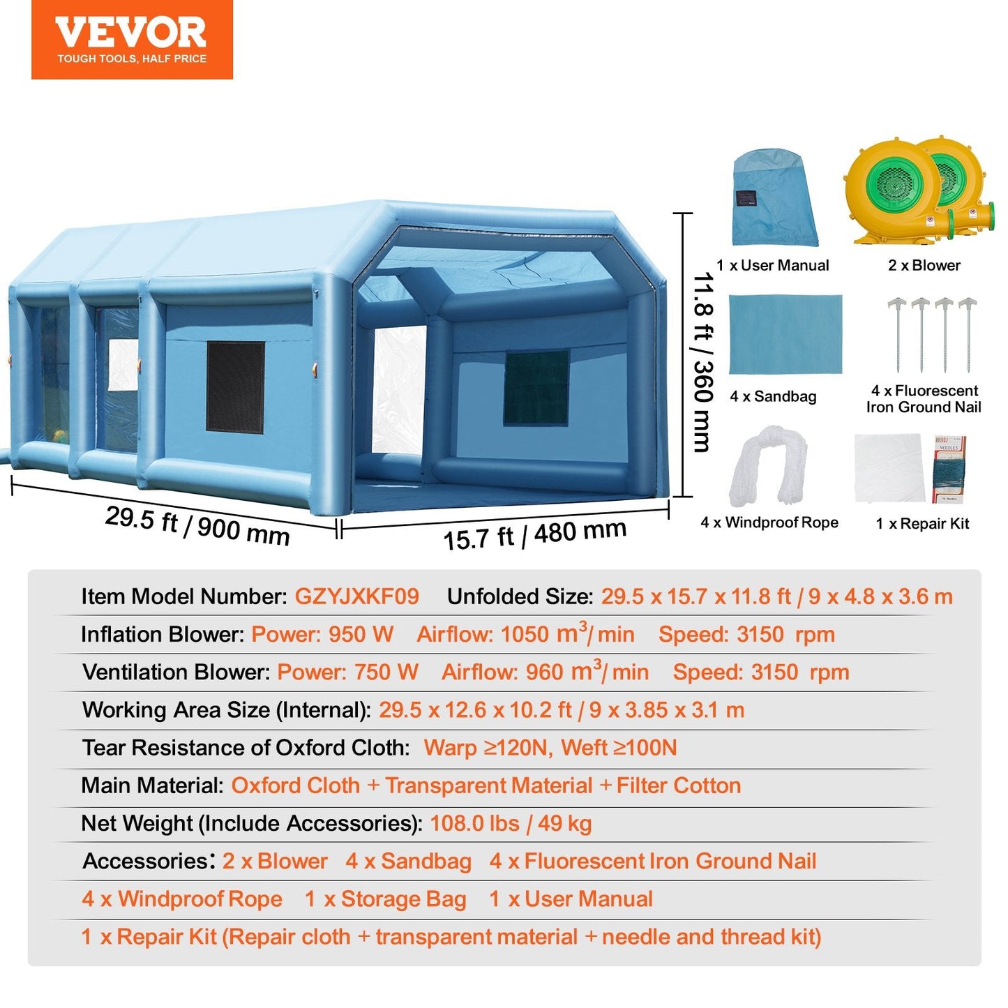 Inflatable Paint Booth 9x4.8x3.6m with Dual Fans and Efficient Filtration System