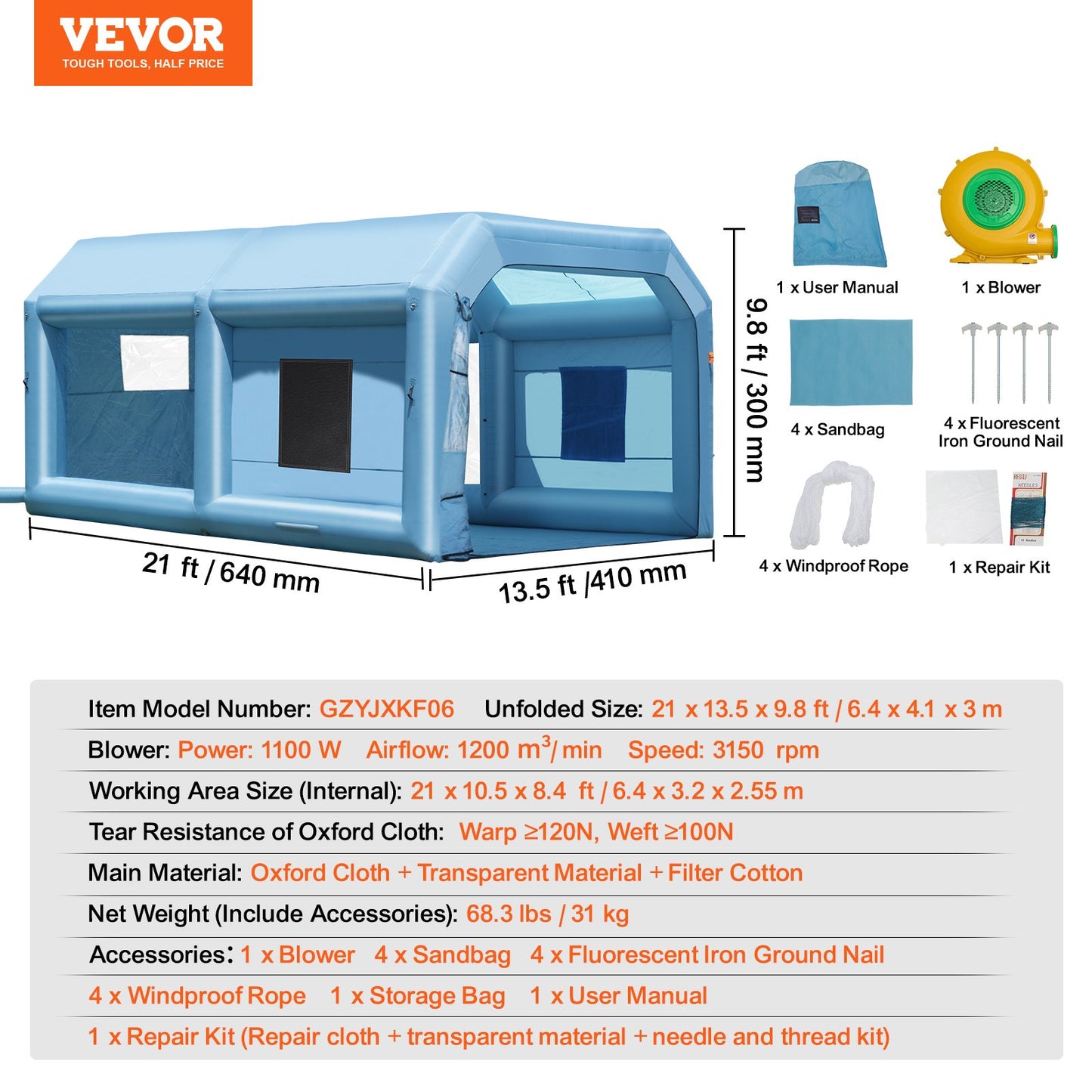VEVOR Inflatable Paint Booth 21x13.5x9.8ft Inflatable Spray Booth 1100W Blower