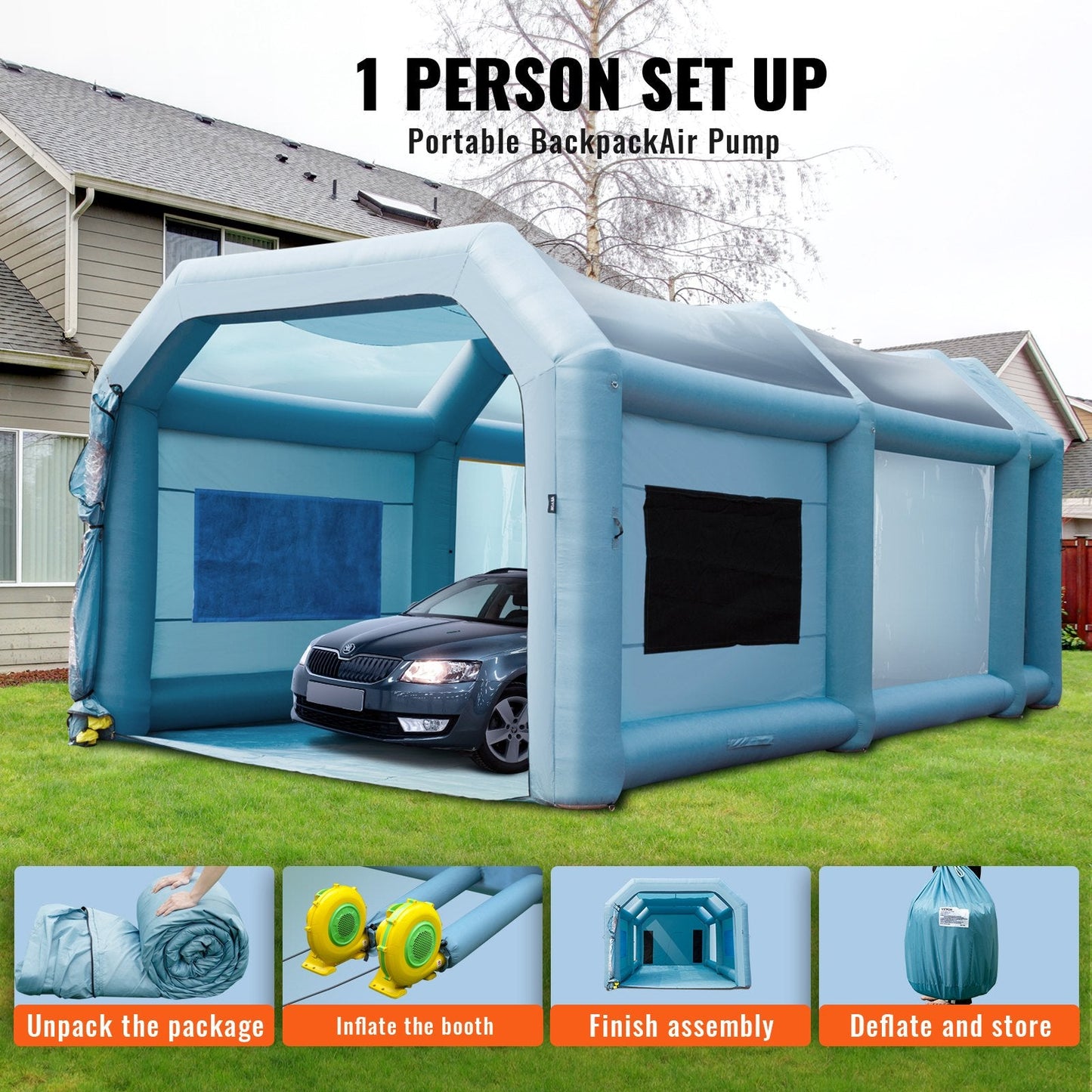 Inflatable Car Paint Tent with Filter System and Dual Blowers, 8x4.5x3.3m