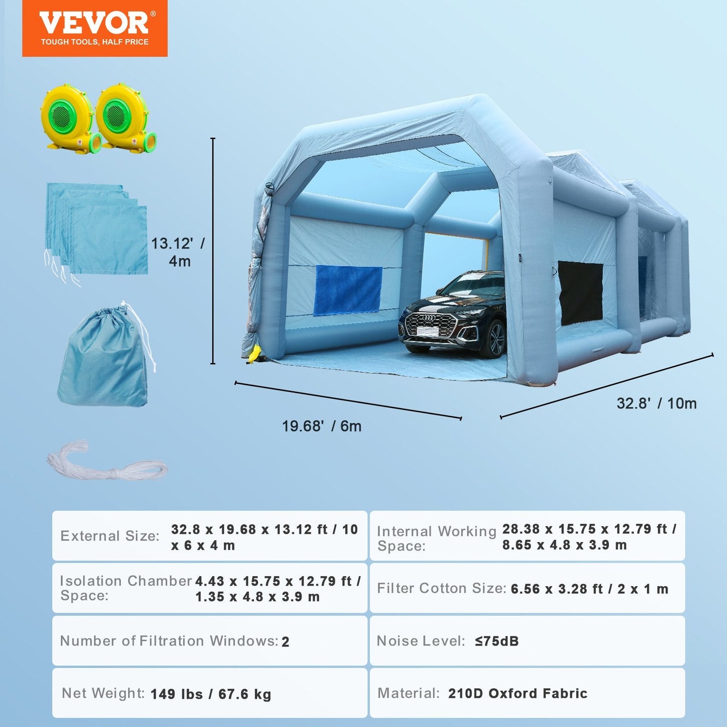 Inflatable Car Paint Tent with Filter System & Blowers, 10x6x4m, Blue