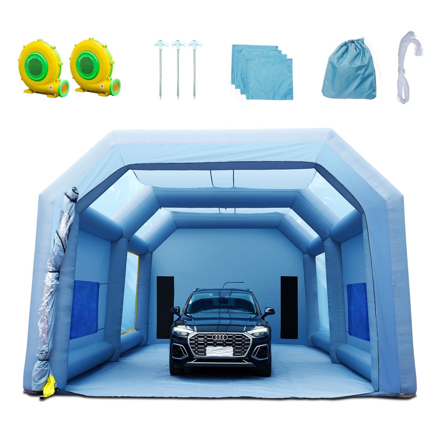 Inflatable Car Paint Tent with Filter System & Blowers, 10x6x4m, Blue