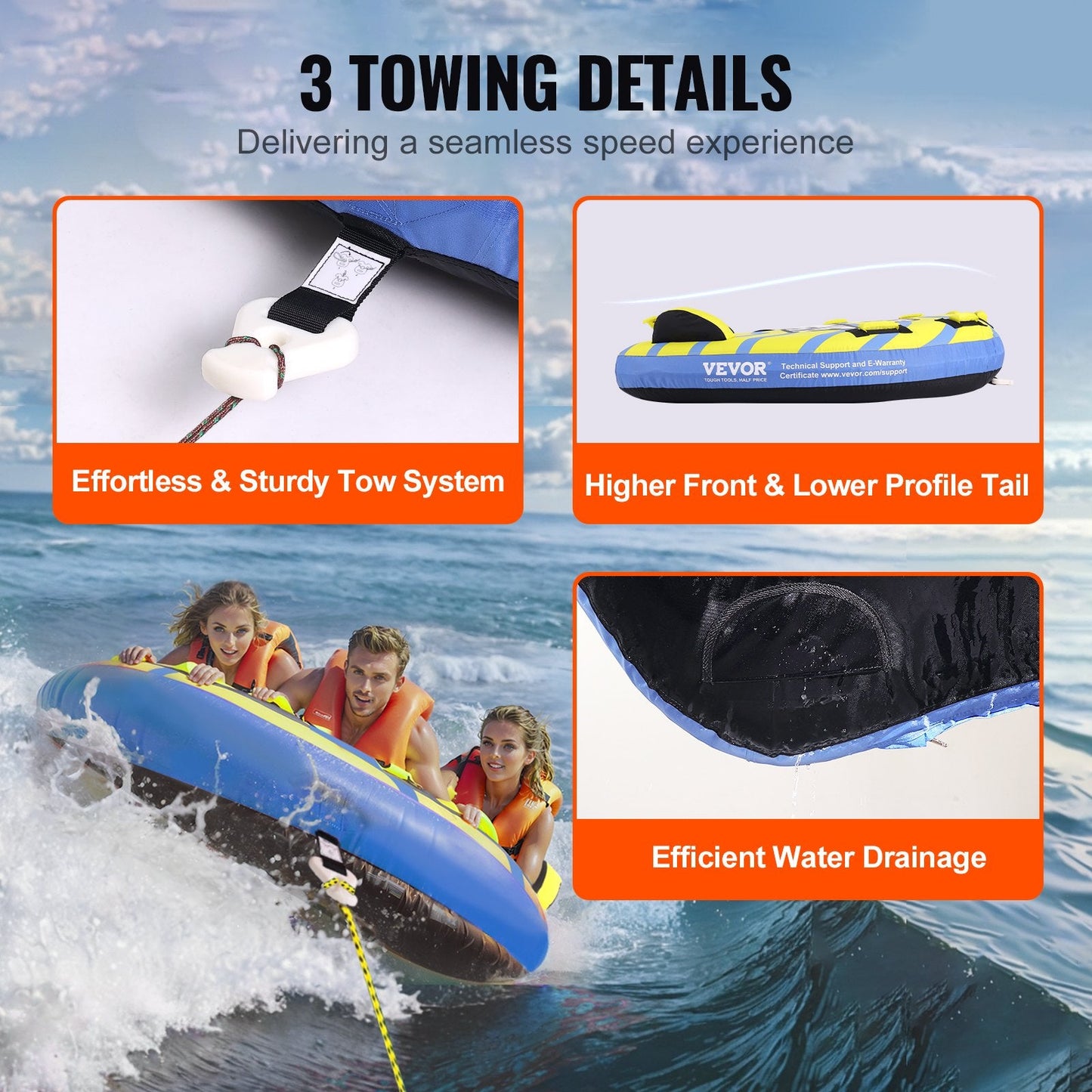 3-Person Inflatable Towable Tube with Bumper Fins for Boating, 231 kg Capacity